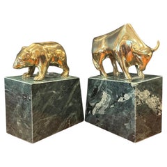 Vintage Brass Bull & Bear Bookends on Green Marble Bases