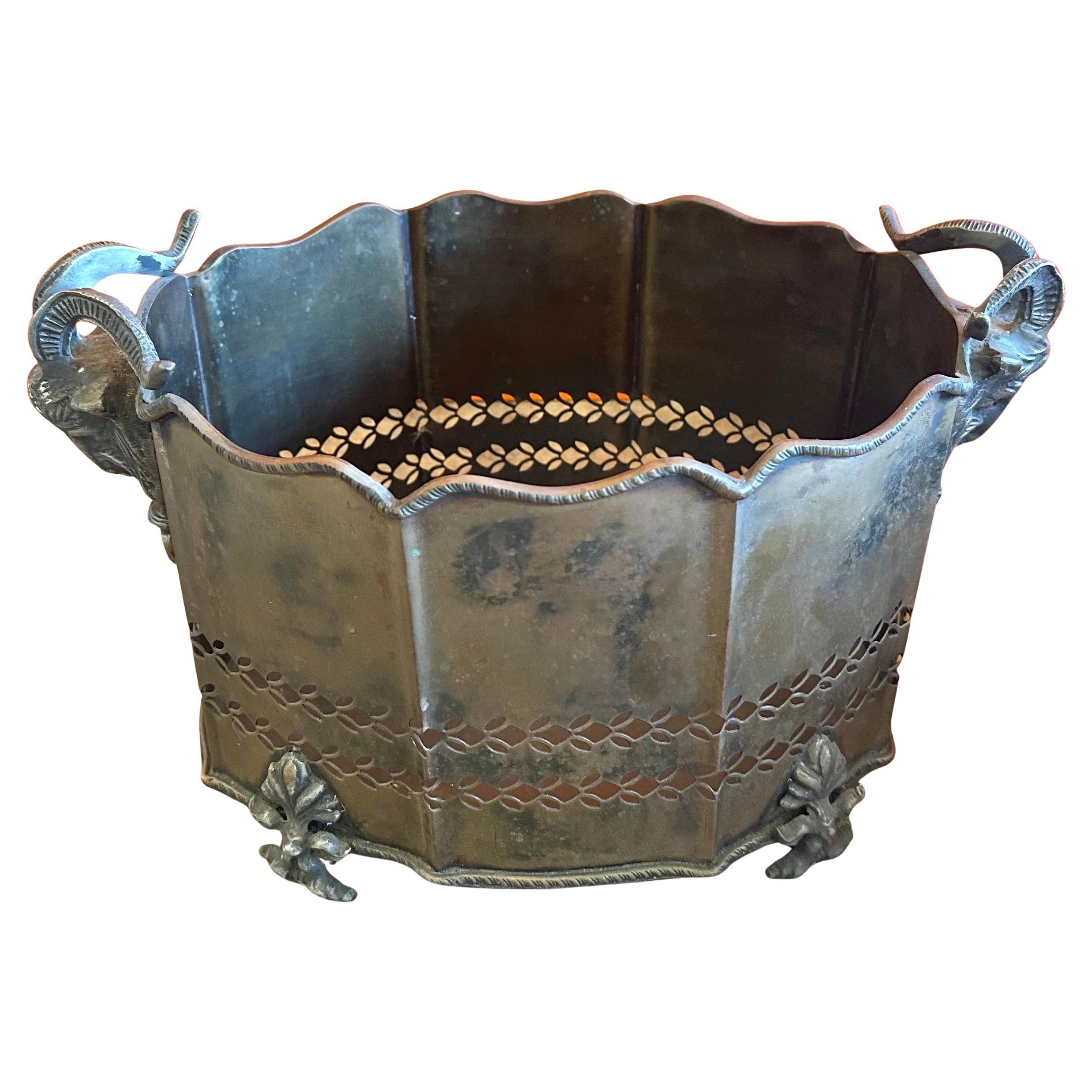 Vintage Brass Cachepot Planter with Ram's Head Handles and Feet Details