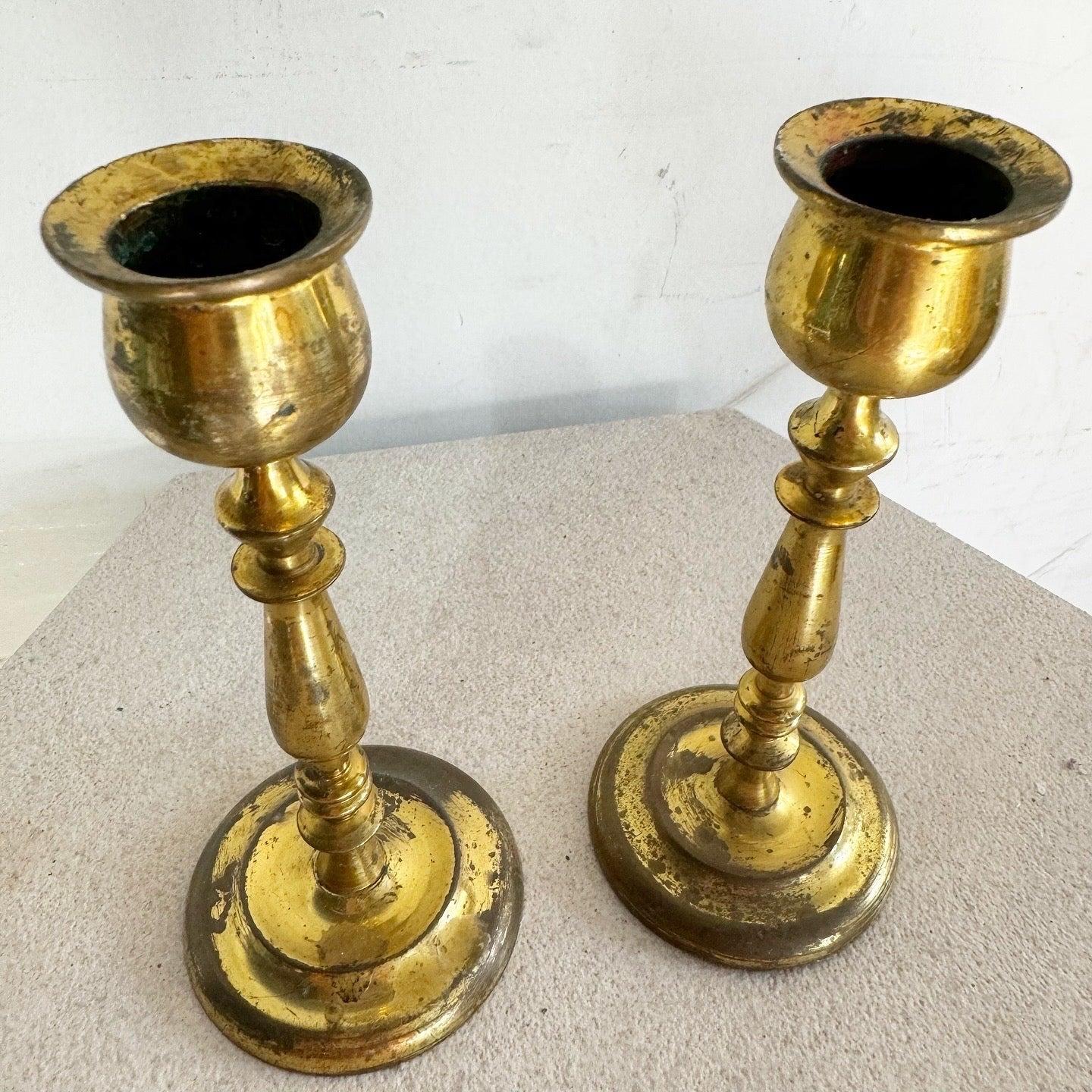 Unknown Vintage Brass Candle Stick Holders - a Pair For Sale
