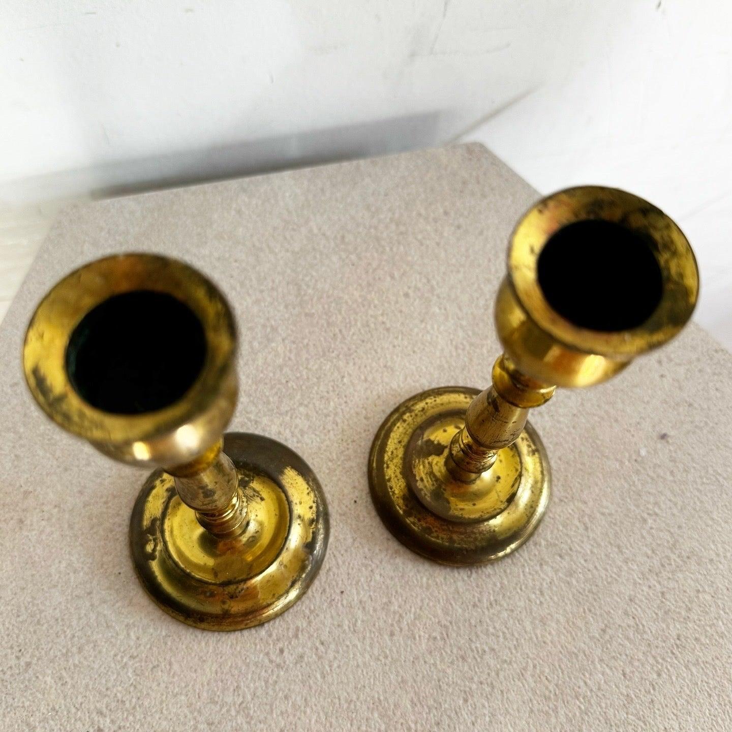 Vintage Brass Candle Stick Holders - a Pair In Good Condition For Sale In Delray Beach, FL