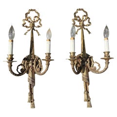 Vintage Brass Candle Style Wall Sconces in Ribbon and Tassels Design - A Pair