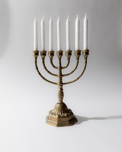 Vintage Brass Candleholder Seven Arm Menorah with Ornamental Design, 1950s