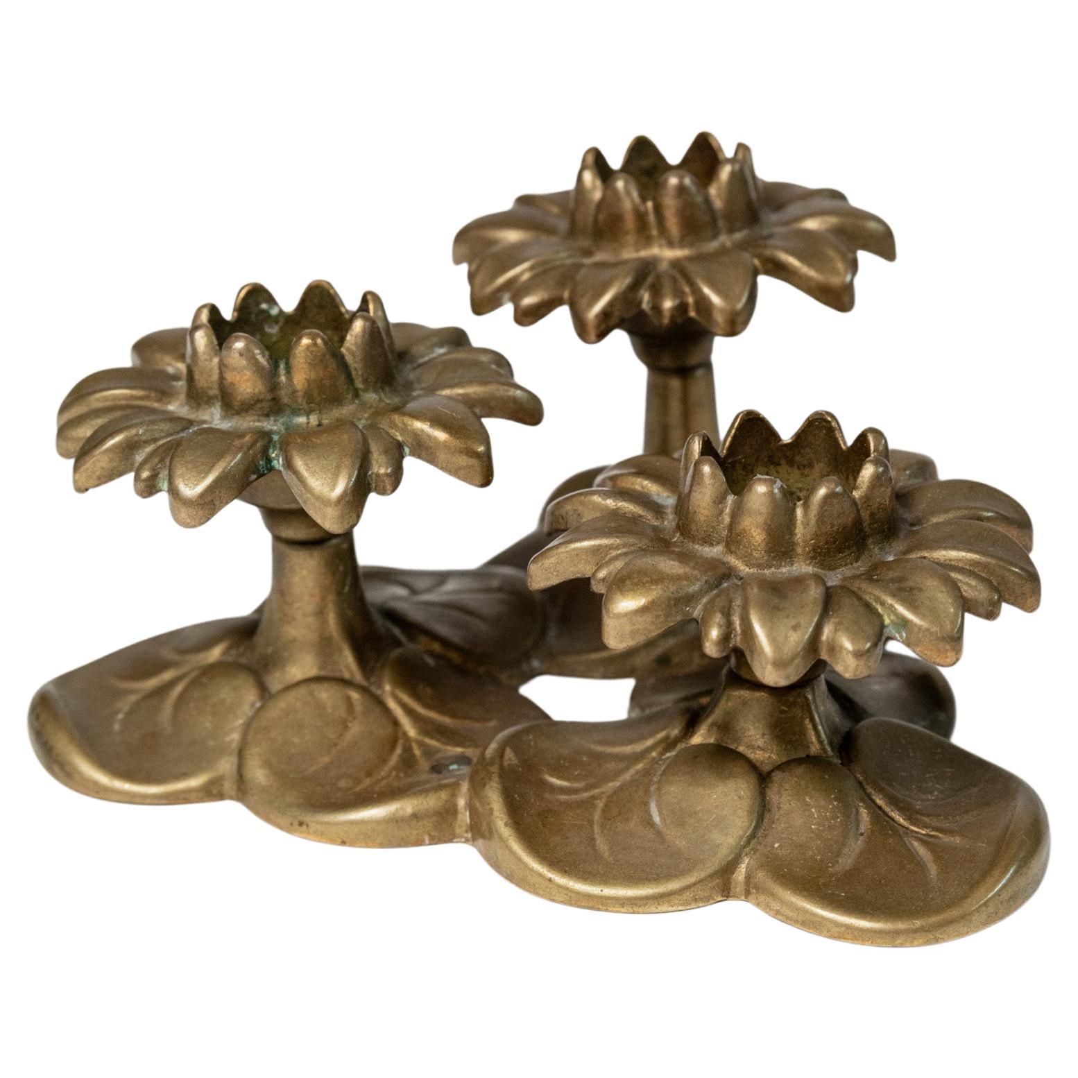 Bougeoir Vintage en laiton avec 3 fleurs - Art Nouveau Design Italie 1930s