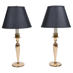 Vintage Brass Candlestick Table Lamps w/ Custom Black Silk Shades  Pair