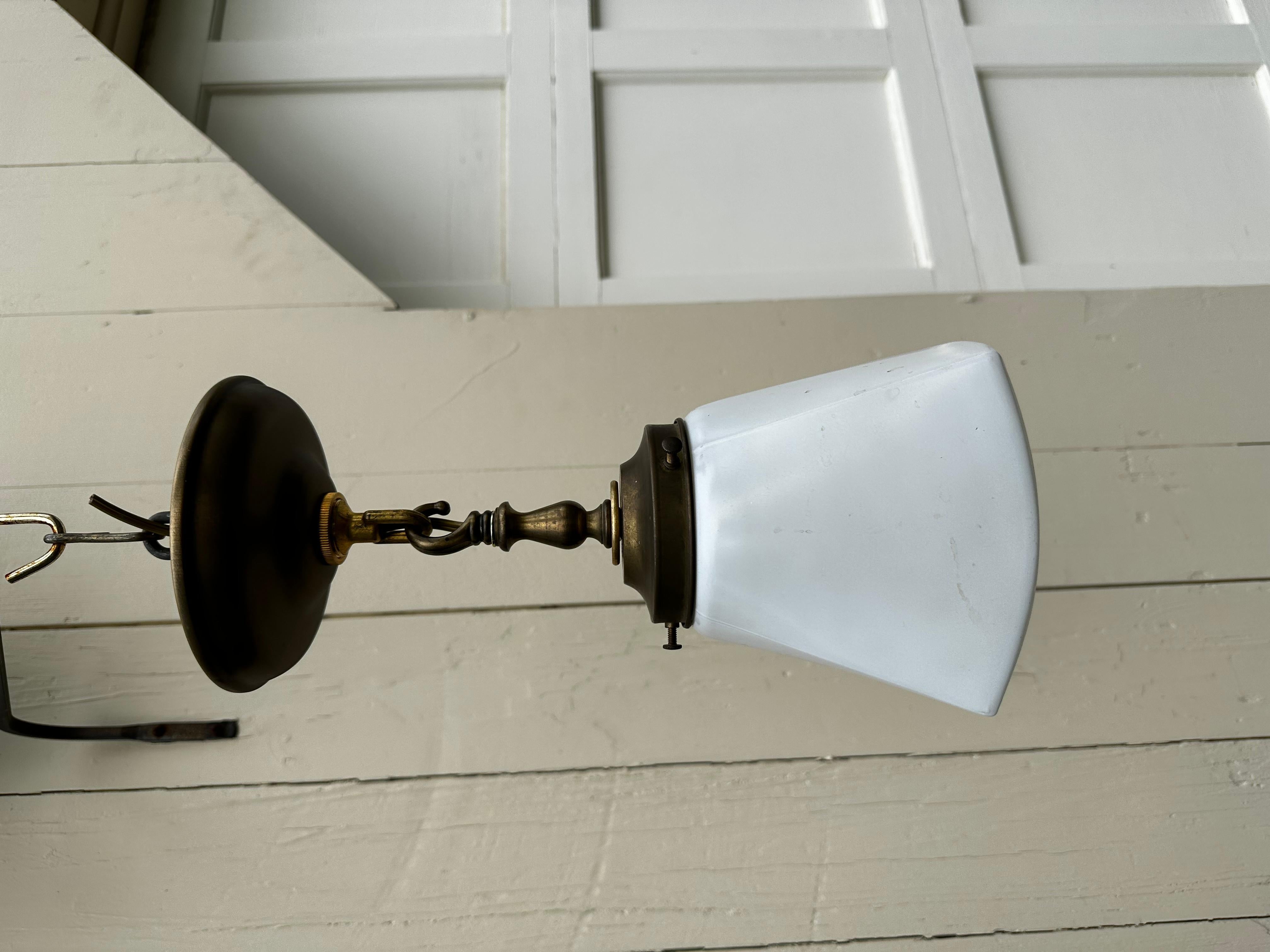 Old Lights On is pleased to offer this vintage brass ceiling fixture with vintage deco shade. It is rewired and ready to install. We ship everywhere. Great patina, excellent condition. Goes great with other fixtures and furnishings. Follow us here