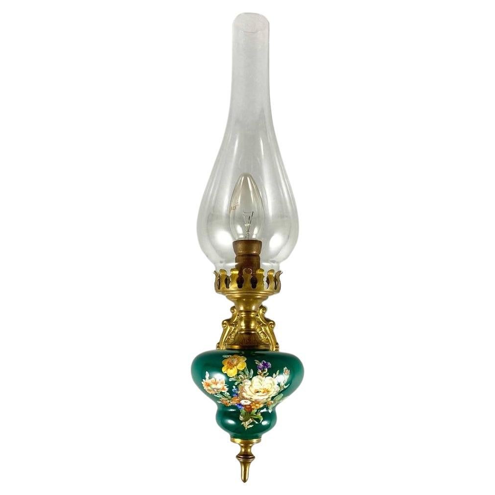 Vintage Brass & Ceramic Single Wall Sconce Wall Lamp Styled as Kerosene Lamp