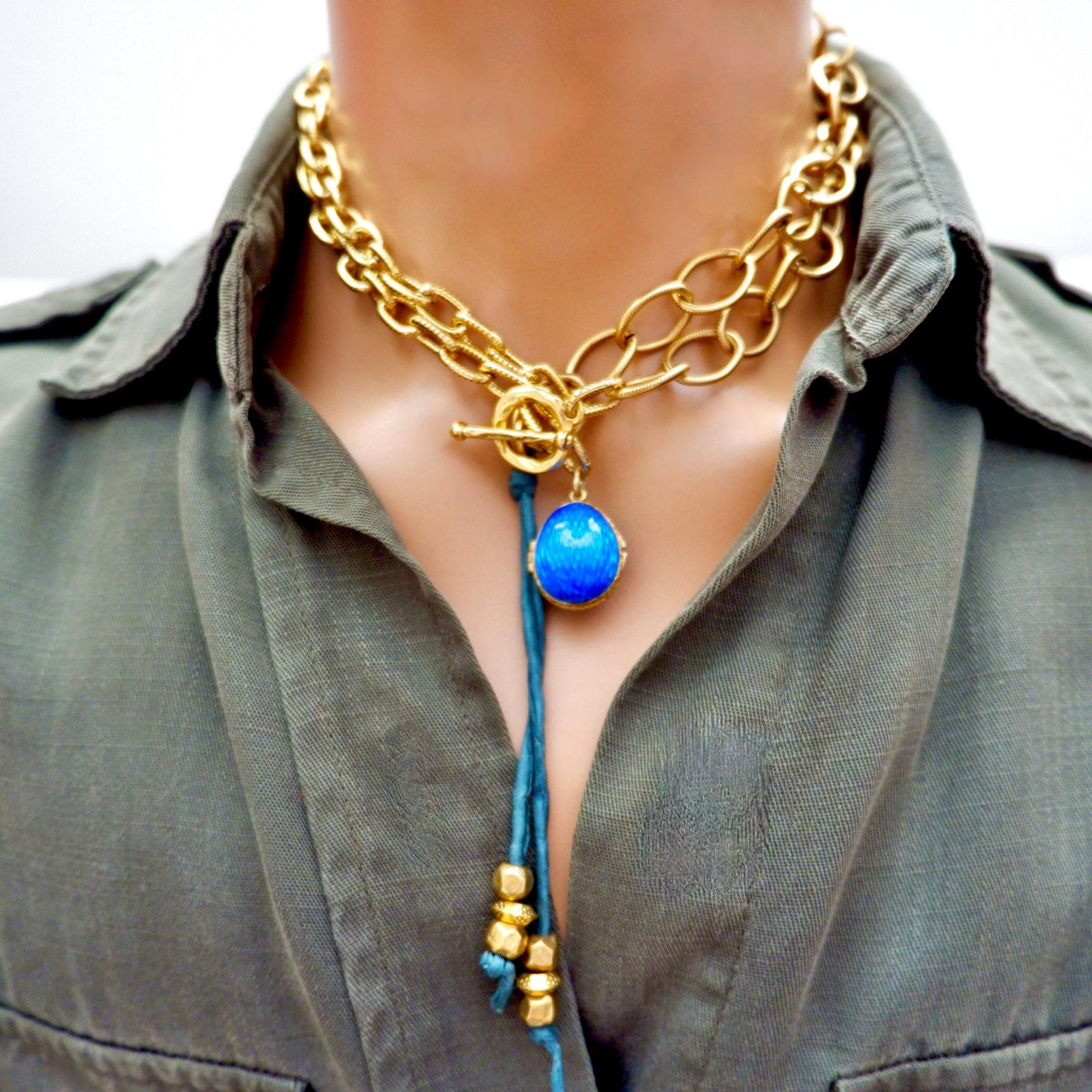 Contemporary Vintage Brass Chain, Blue Enamel Vintage Egg Locket Pendant Necklace For Sale