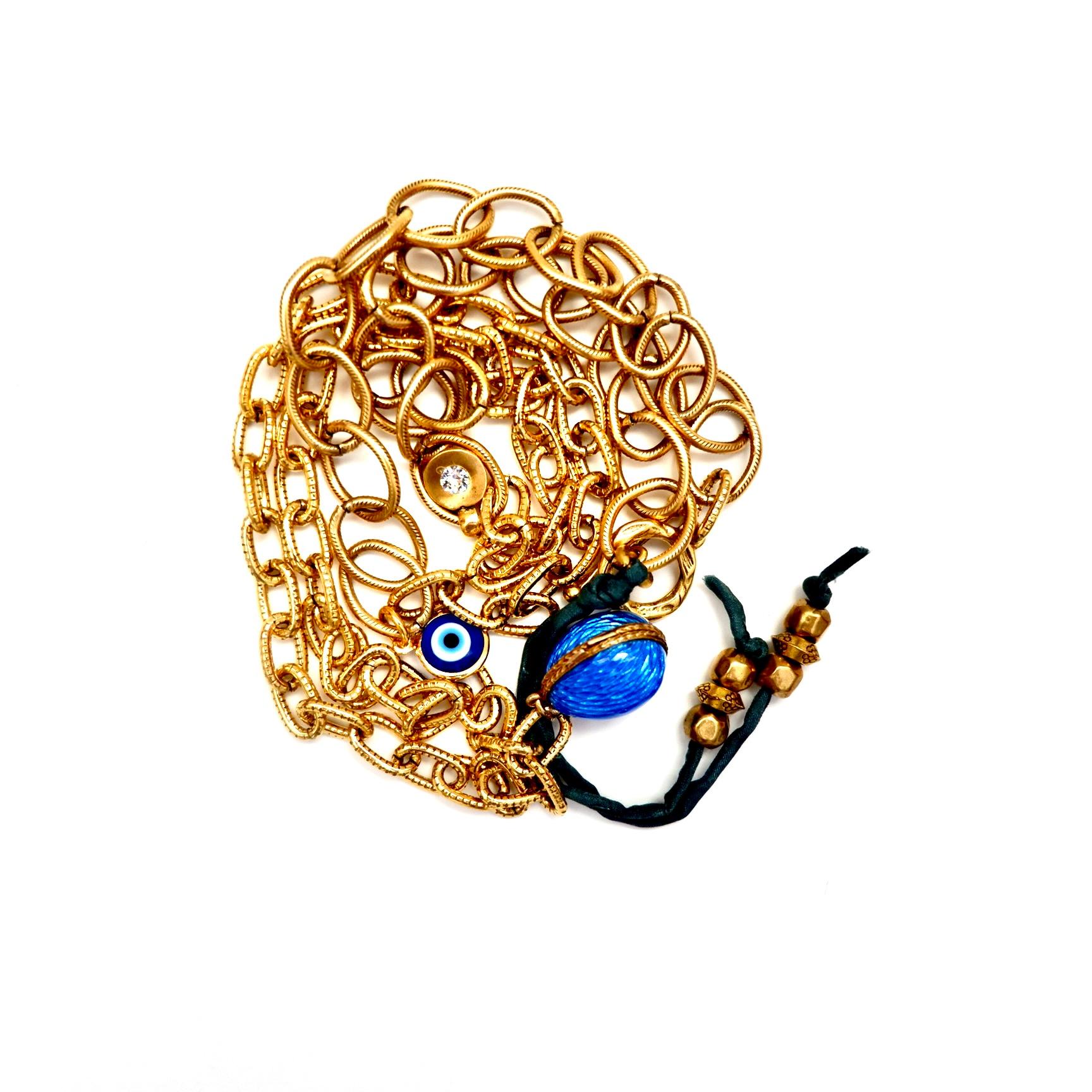 Women's or Men's Vintage Brass Chain, Blue Enamel Vintage Egg Locket Pendant Necklace For Sale