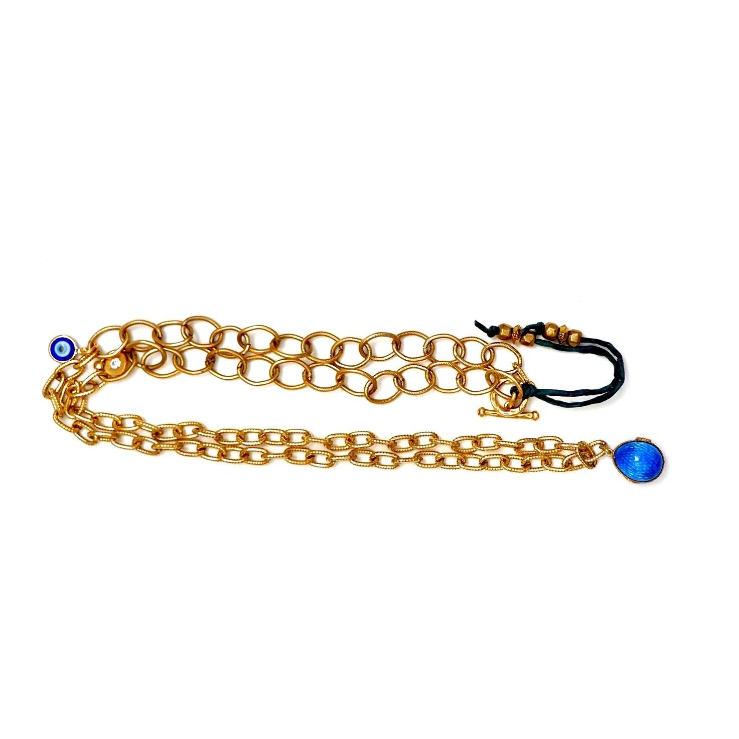 Vintage Brass Chain, Blue Enamel Vintage Egg Locket Pendant Necklace For Sale 1