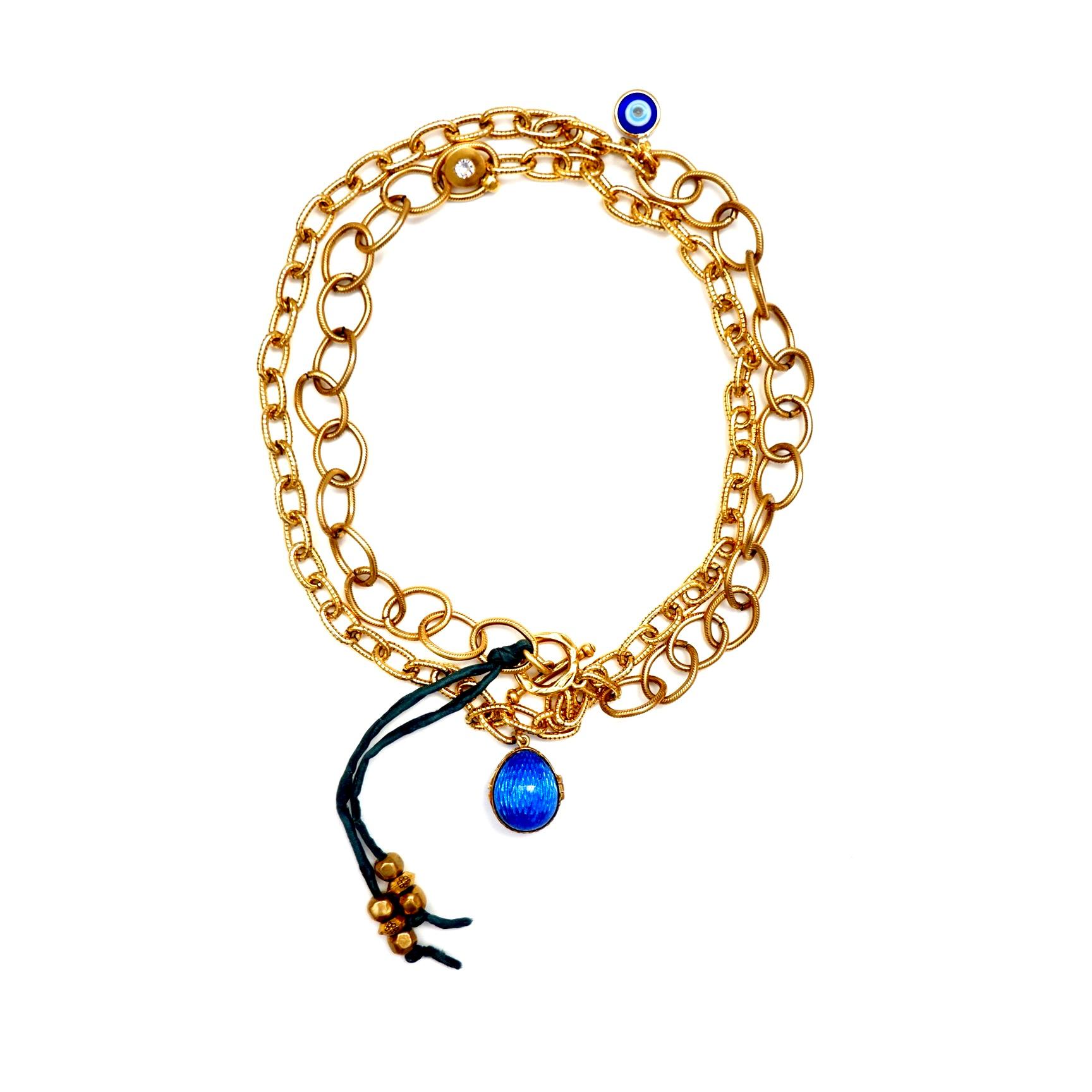 Vintage Brass Chain, Blue Enamel Vintage Egg Locket Pendant Necklace For Sale 2