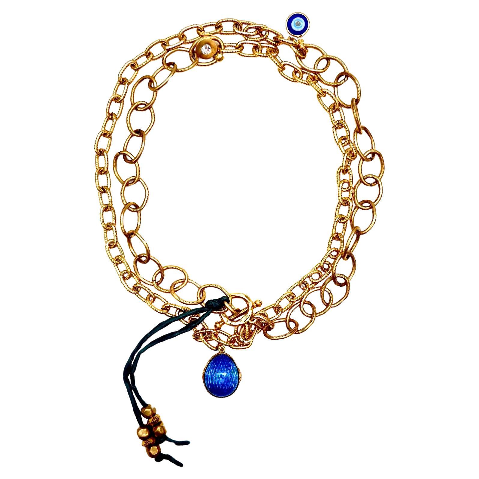 Vintage Brass Chain, Blue Enamel Vintage Egg Locket Pendant Necklace For Sale