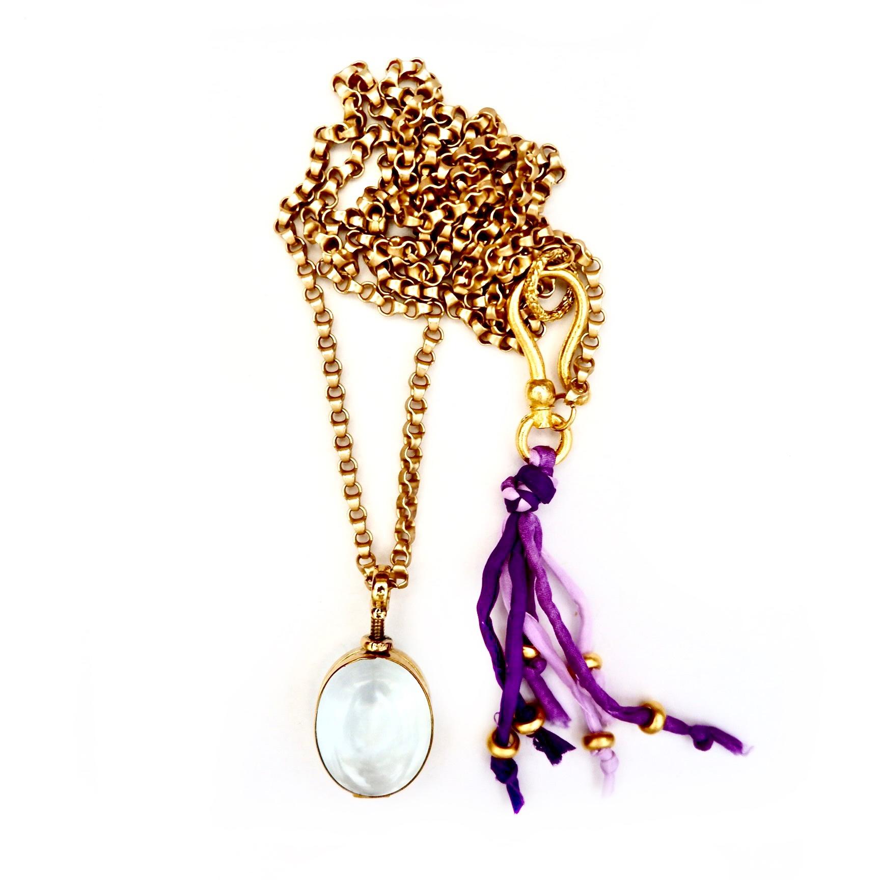 Handcrafted one-of-a-kind necklace, stunning vintage long chain, vintage oval glass locket pendant, finished with giant gold vermeil hook closure, hand-painted silk ribbons in a few shades of lavender finished with gold vermeil rings. Wear it long