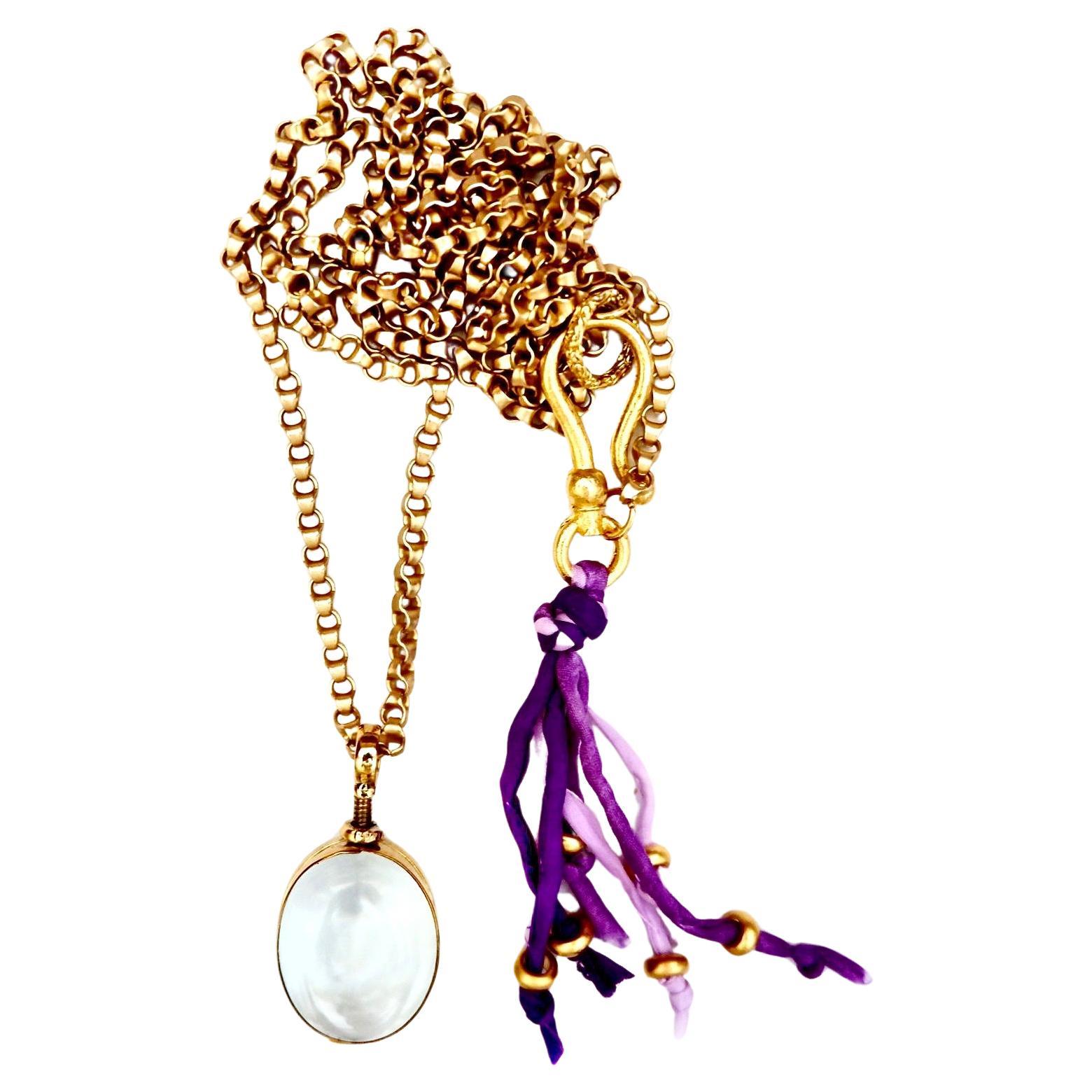 Vintage Brass Chain Vintage Glass Oval Locket Necklace For Sale