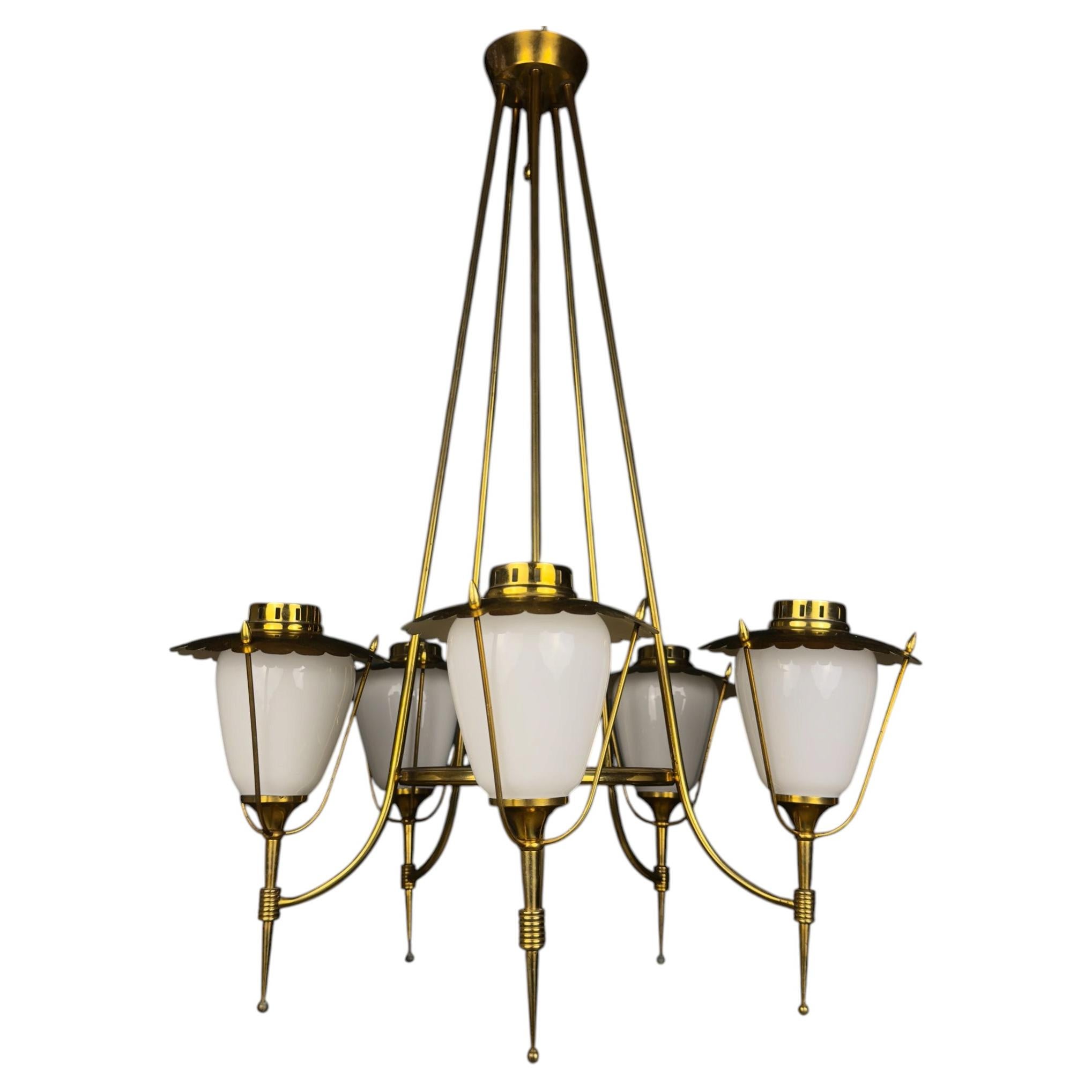 Lampadario d'epoca in ottone della Maison Arlus, stile Art Déco, Francia anni '50