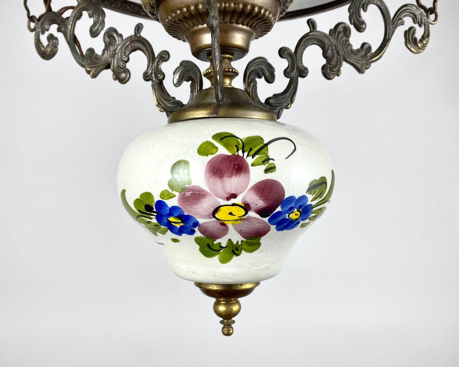Country Vintage Brass Chandelier Vintage Opal Glass Lighting, Belgium For Sale