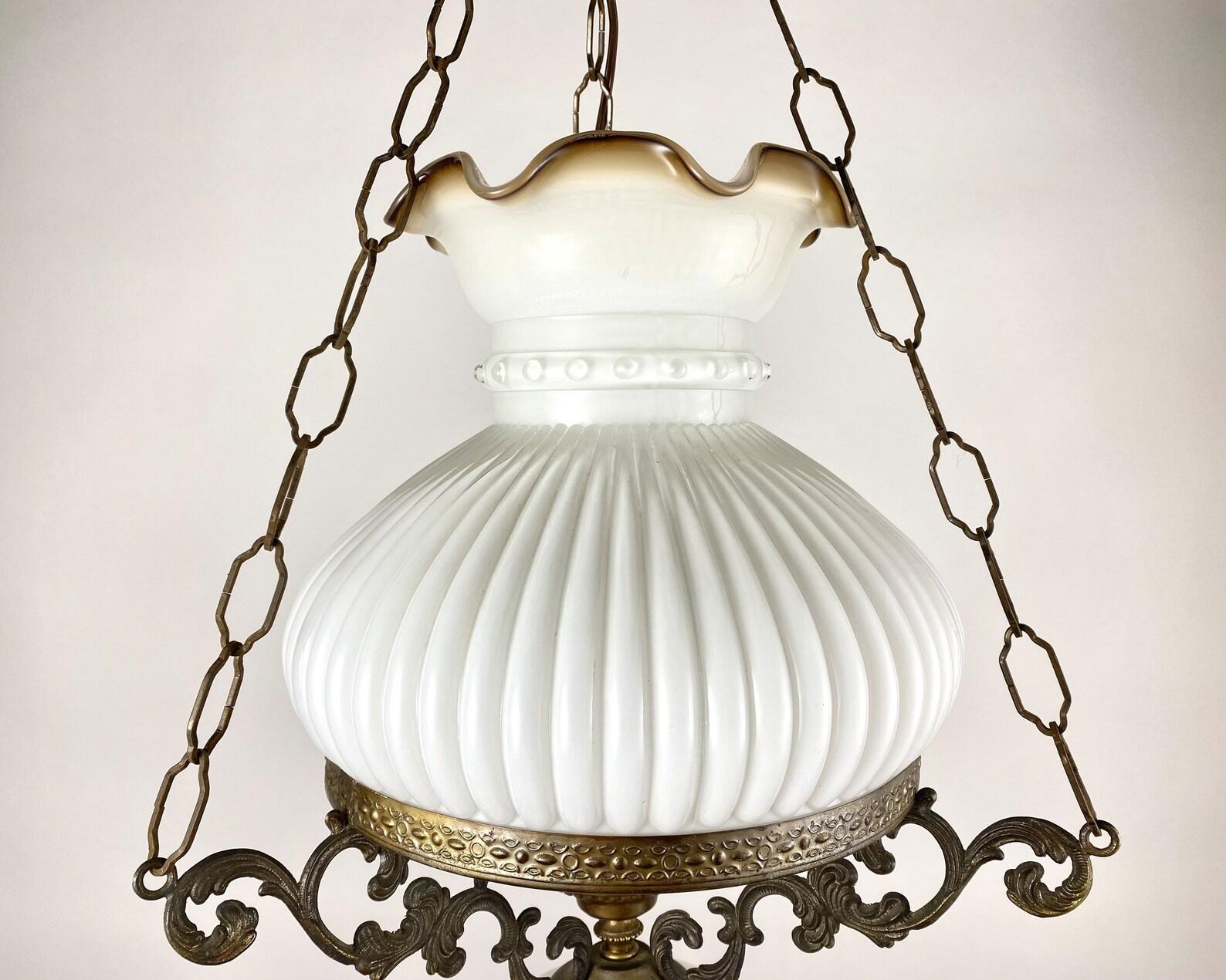Mid-20th Century Vintage Brass Chandelier Vintage Opal Glass Lighting, Belgium For Sale