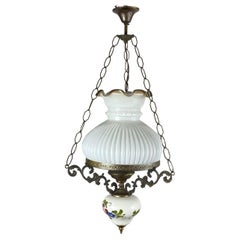 Retro Brass Chandelier Vintage Opal Glass Lighting, Belgium