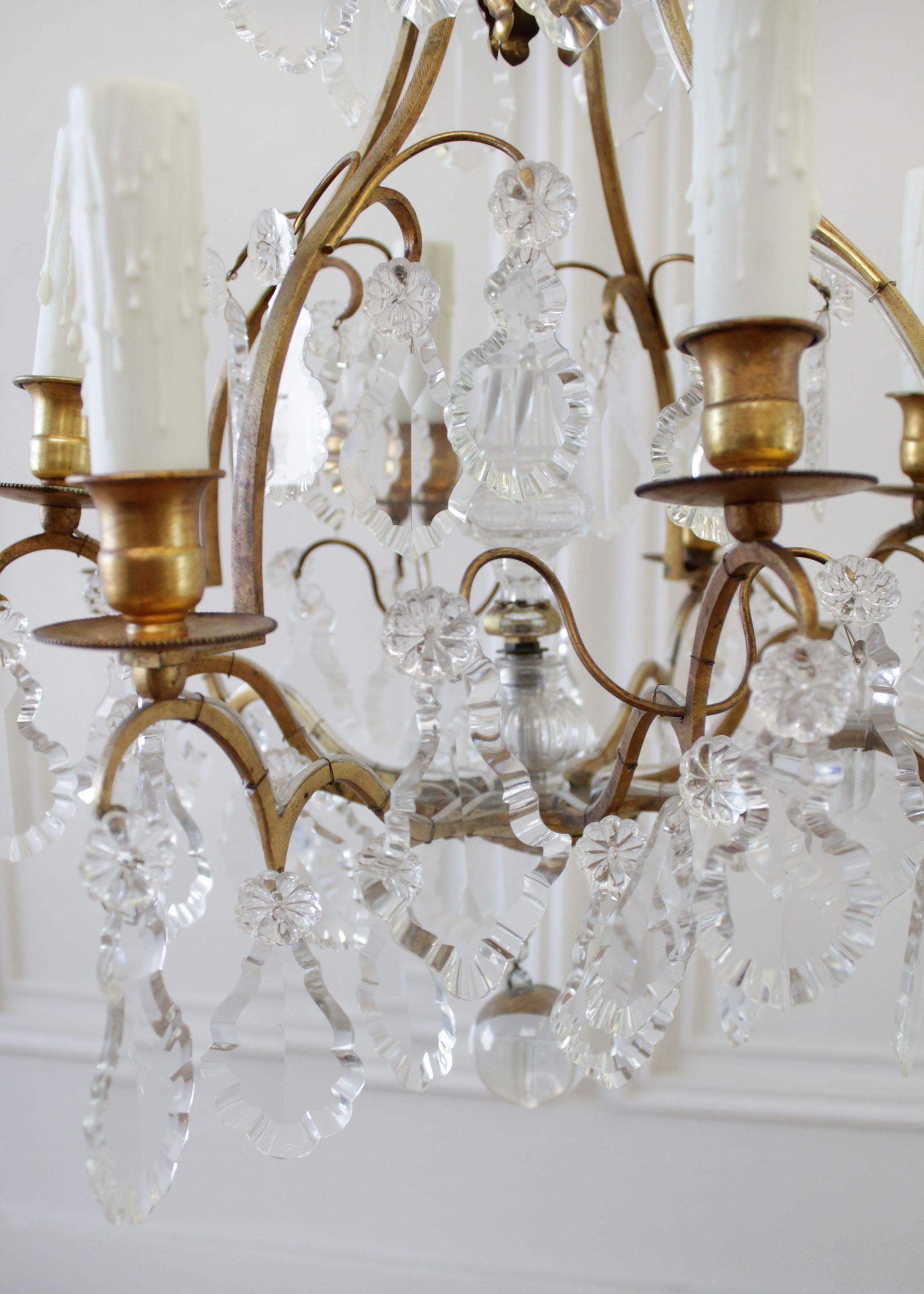 Vintage Brass Chandelier with Crystals In Good Condition In Brea, CA