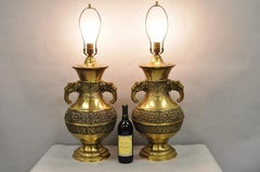 Vintage Brass Chinese Jardinière Elephant Handle Oriental Table Lamps - a Pair.