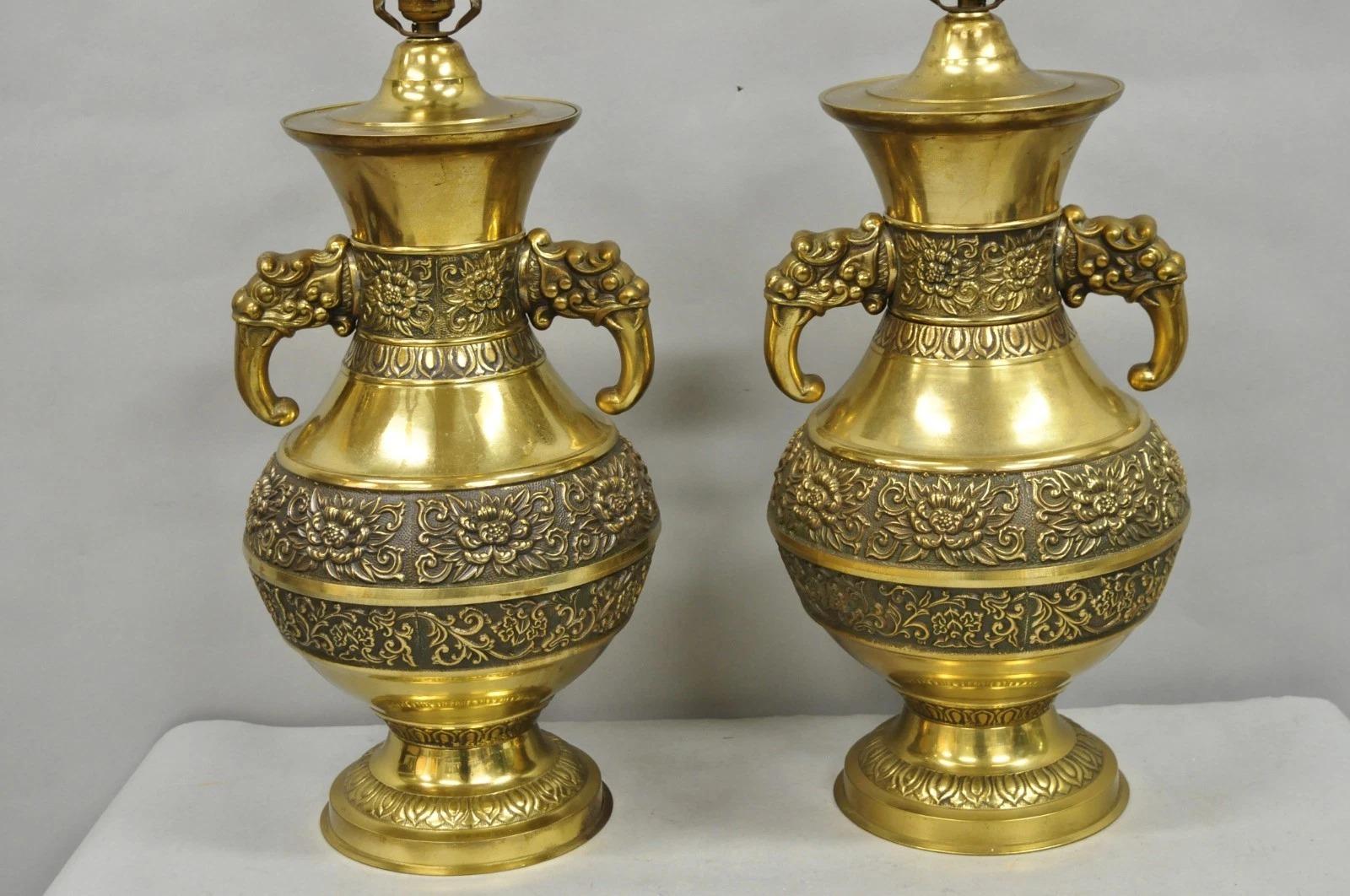 Chinoiserie Vintage Brass Chinese Jardinière Elephant Handle Oriental Table Lamps - a Pair For Sale