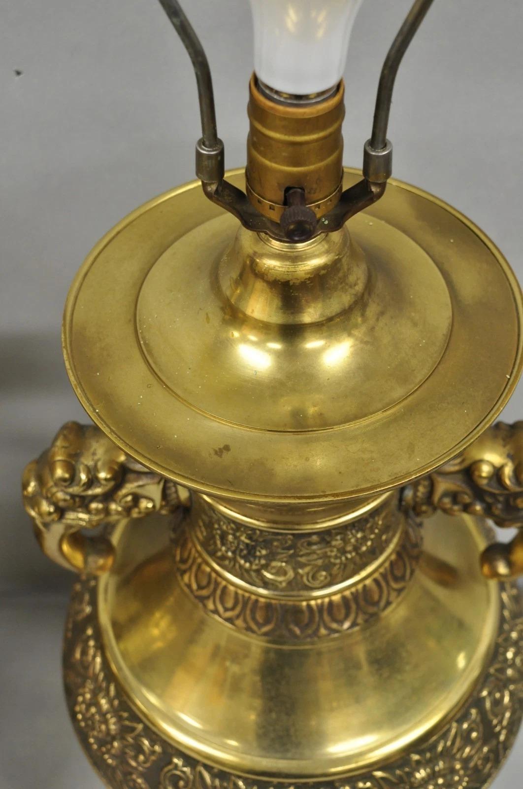 Vintage Brass Chinese Jardinière Elephant Handle Oriental Table Lamps - a Pair For Sale 1