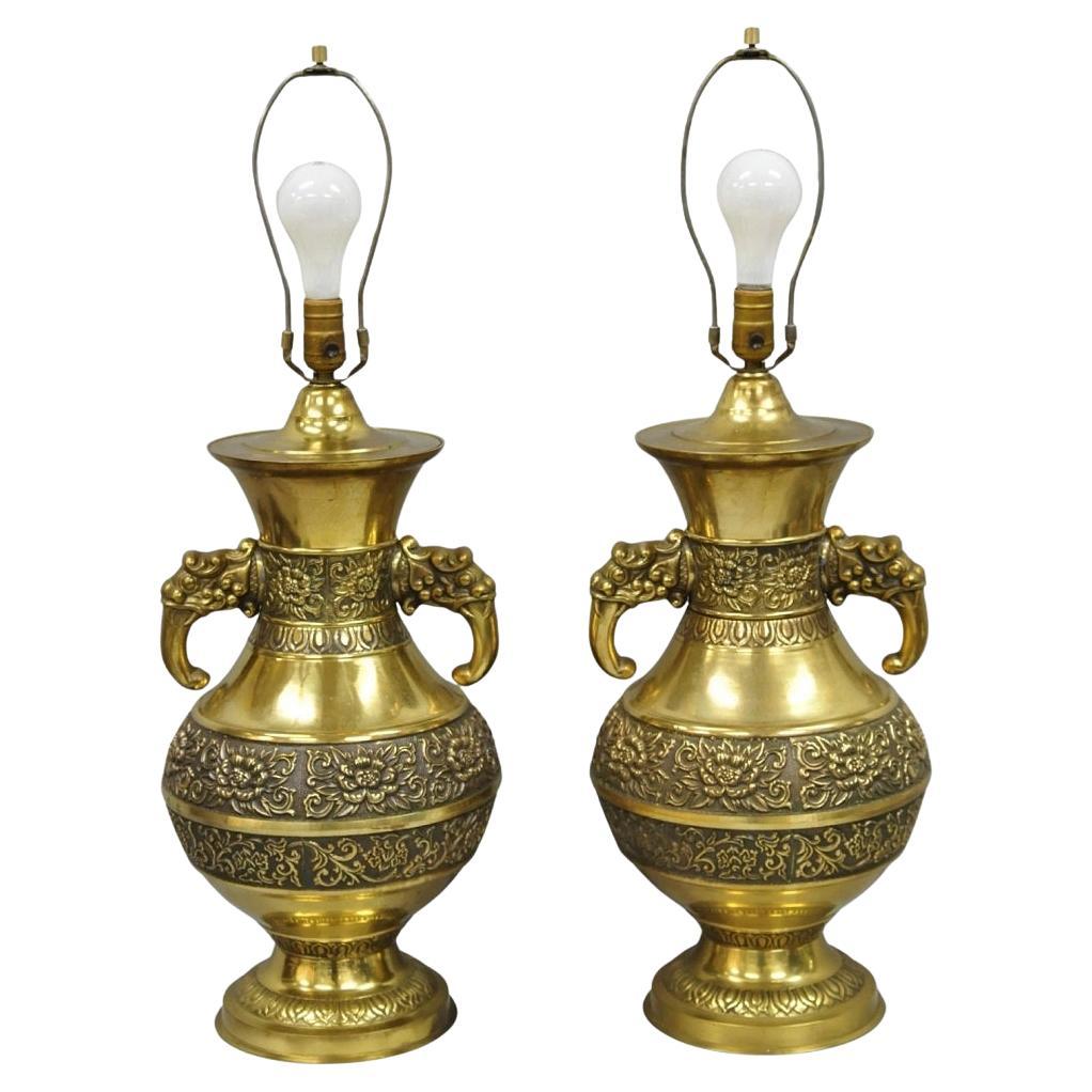 Vintage Brass Chinese Jardinière Elephant Handle Oriental Table Lamps - a Pair For Sale