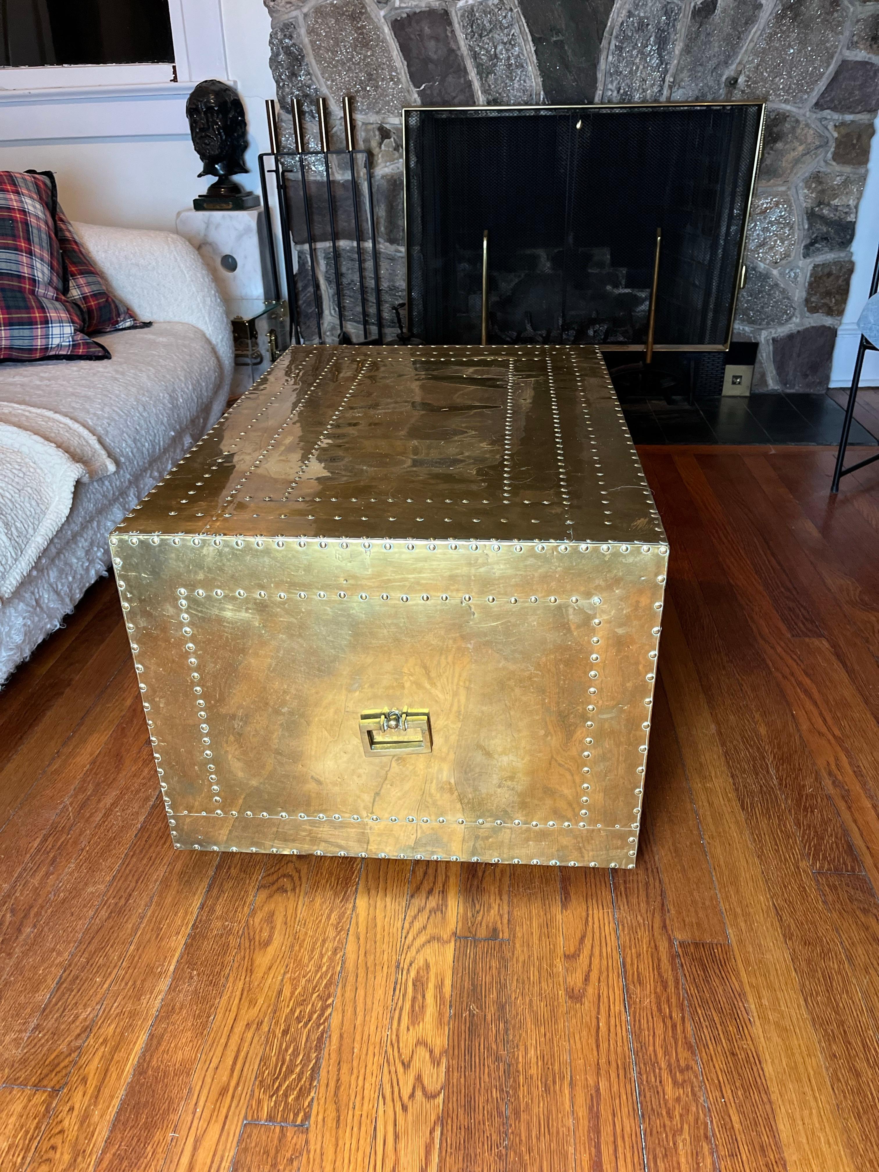 Timeless brass-clad 2-drawer chest by Sarreid, Ltd., circa 1970s. Smaller in scale, this richly patinated cabinet make ideal coffee table. On wheels for ease of movement.
Curbside to NYC/Philly $450
