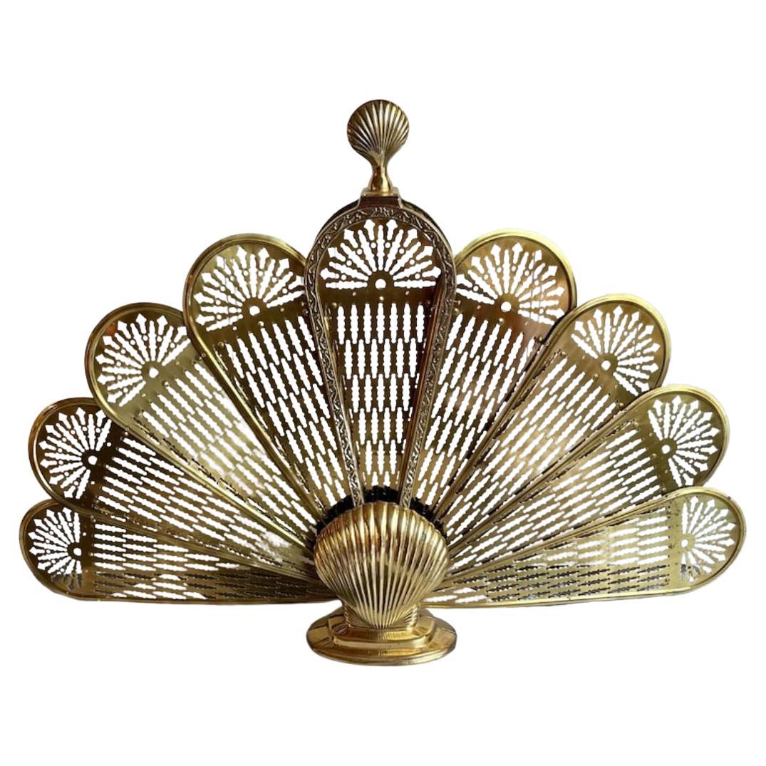 Vintage Brass Clam Seashell Brass Peacock Fireplace Folding Fan Screen