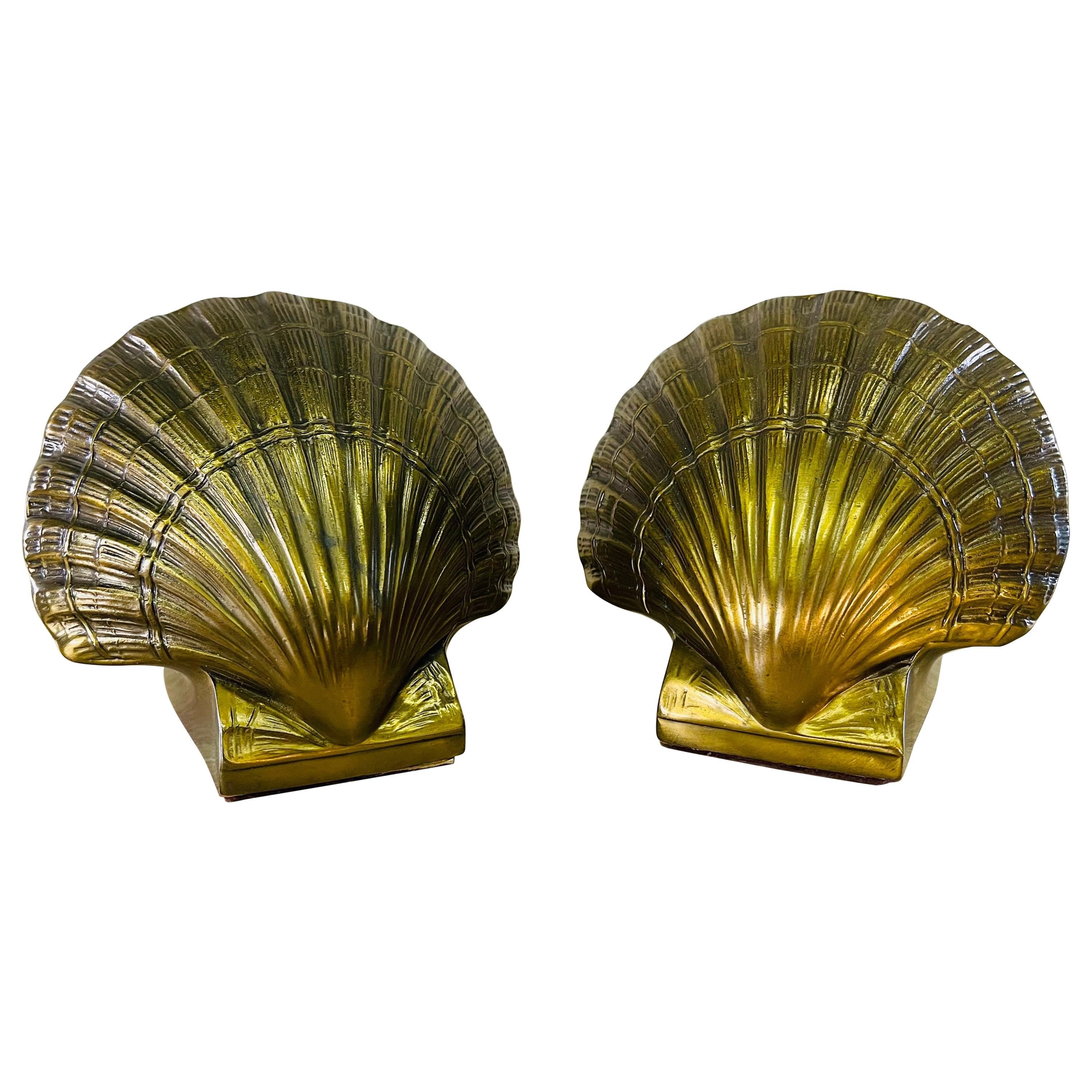 Vintage Brass Clam Shell Bookends, Pair
