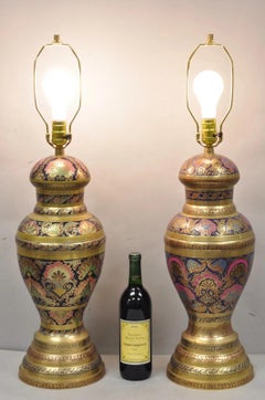 Vintage Brass & Cloisonné Enamel Pink & Blue Jardiniere Urn Table Lamps - Pair