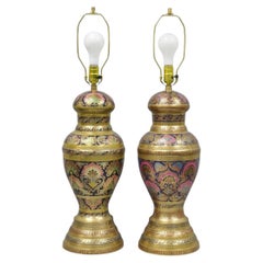Vintage Brass & Cloisonné Enamel Pink & Blue Jardiniere Urn Table Lamps - Pair