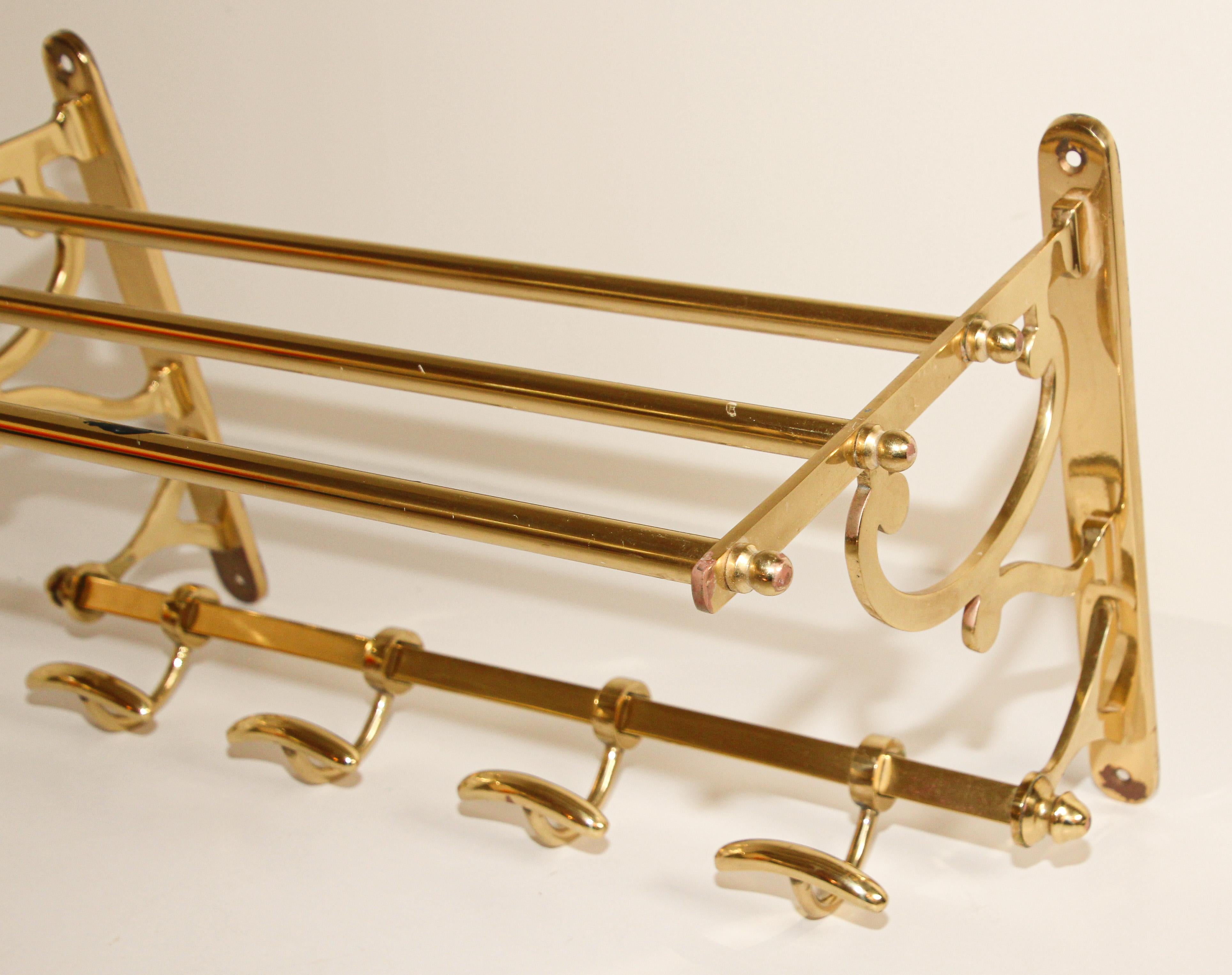 Vintage Brass Coat Rack with Shelf and Hooks 9