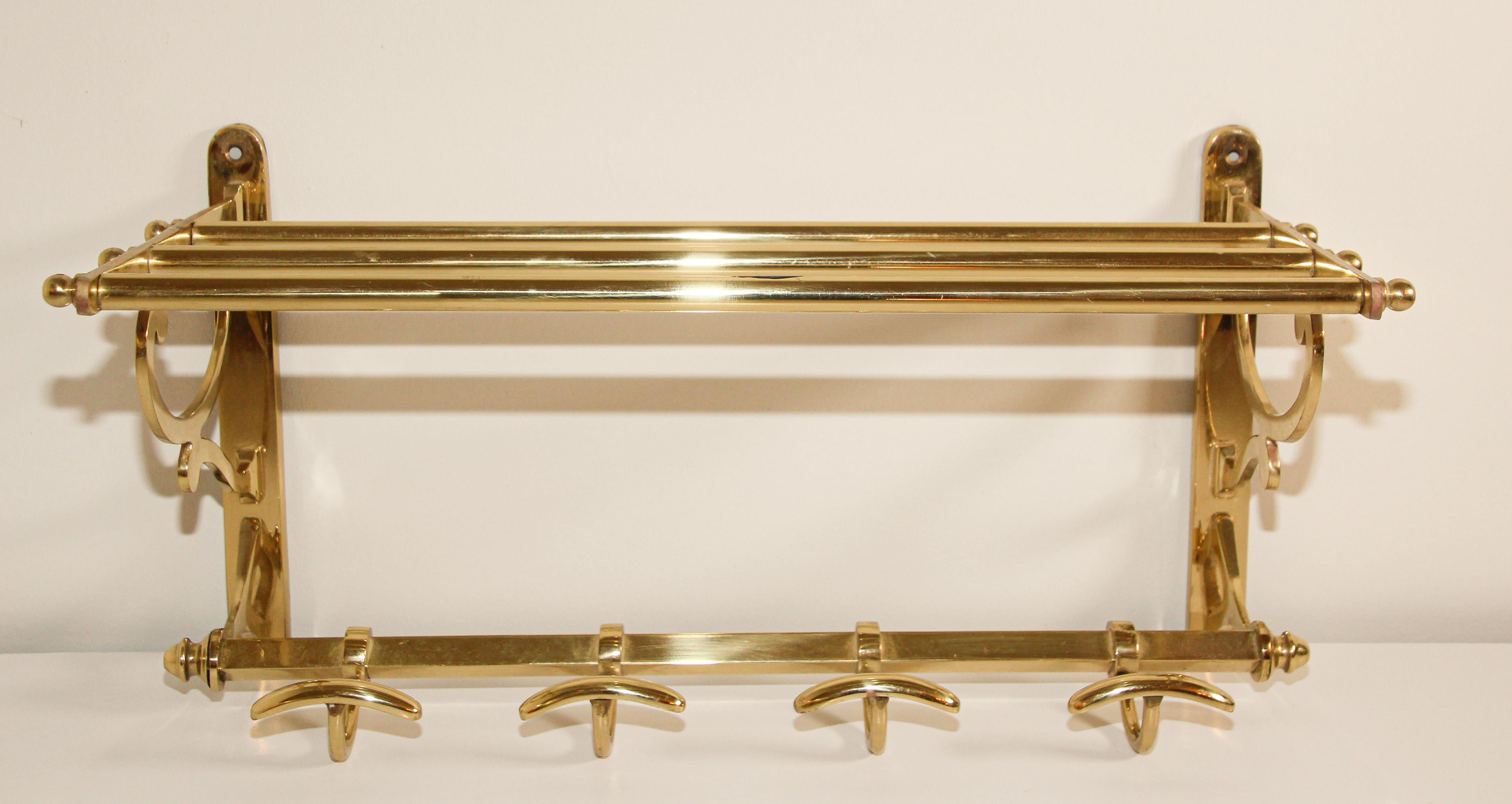 Vintage Brass Coat Rack with Shelf and Hooks 10