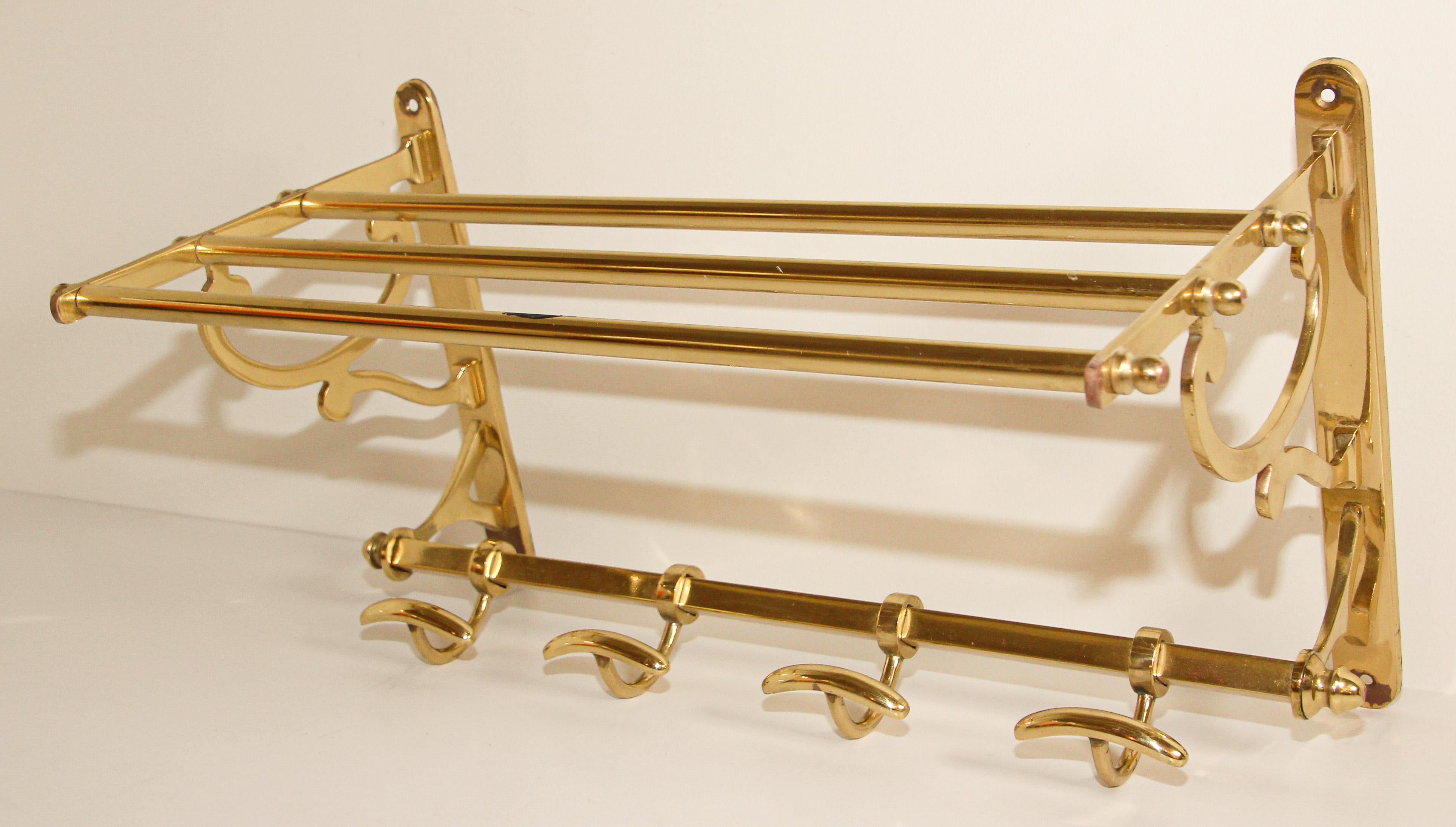 Vintage Brass Coat Rack with Shelf and Hooks 11