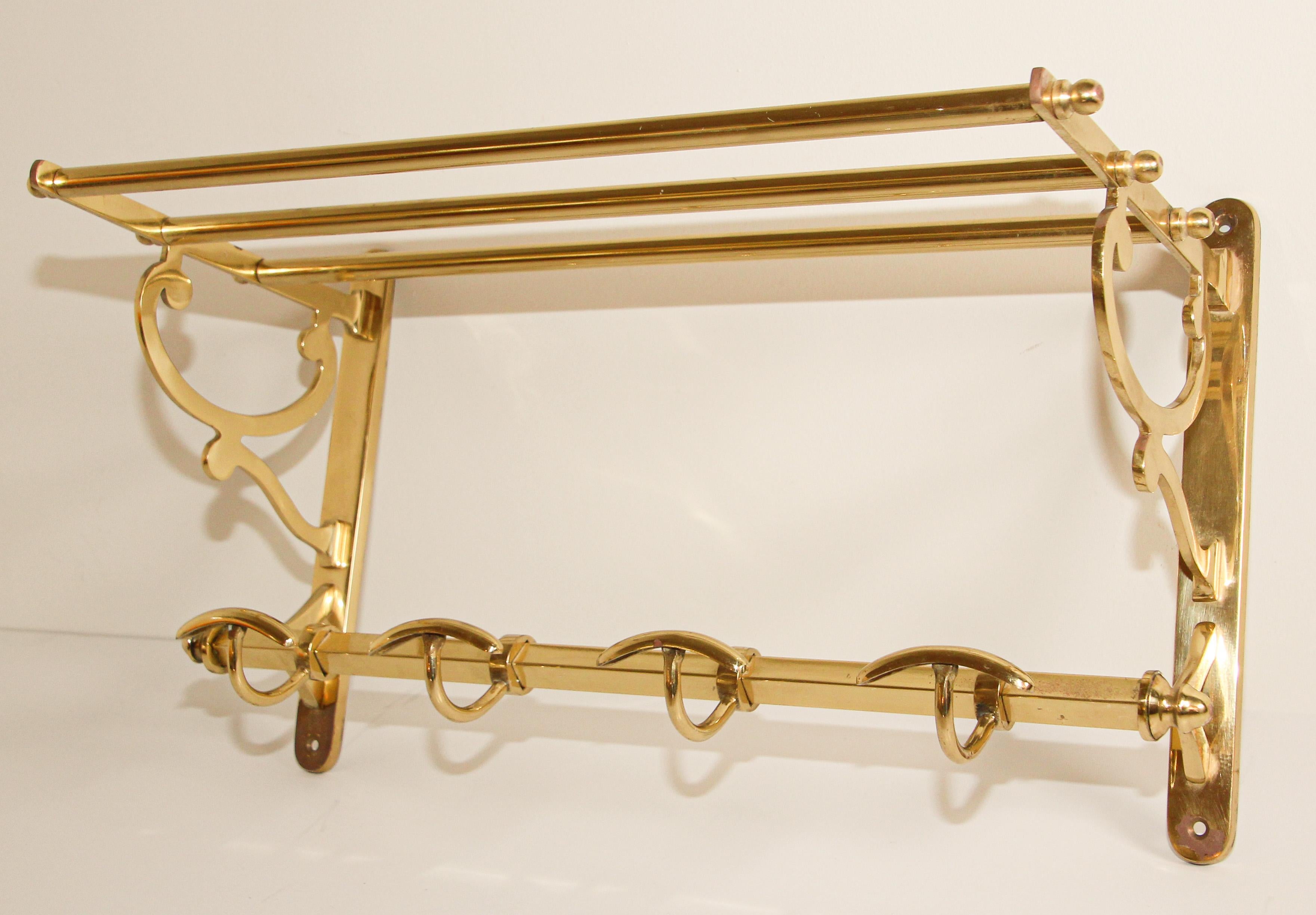 Vintage Brass Coat Rack with Shelf and Hooks 12