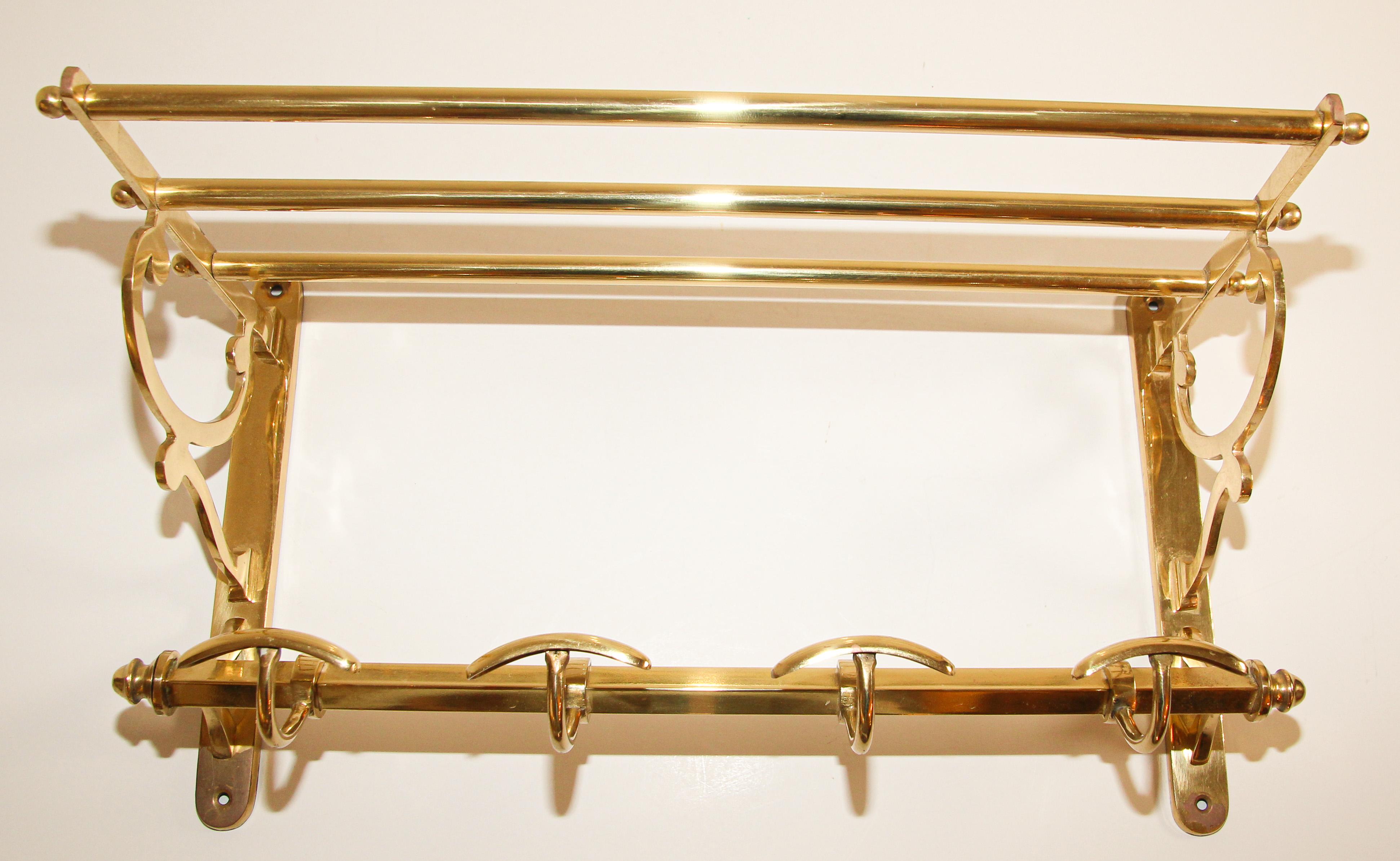 Vintage Brass Coat Rack with Shelf and Hooks 13