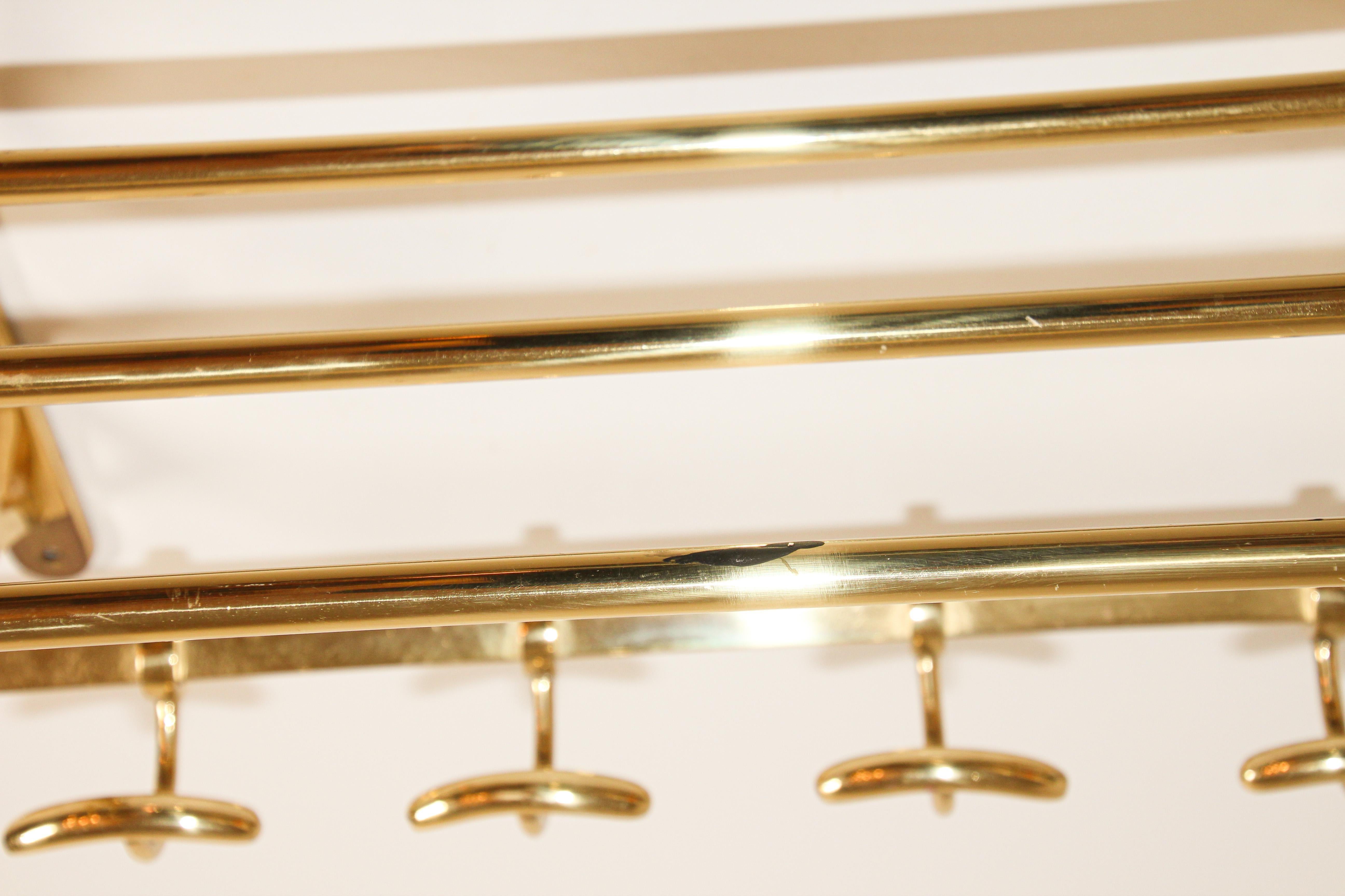 20th Century Vintage Brass Coat Rack with Shelf and Hooks
