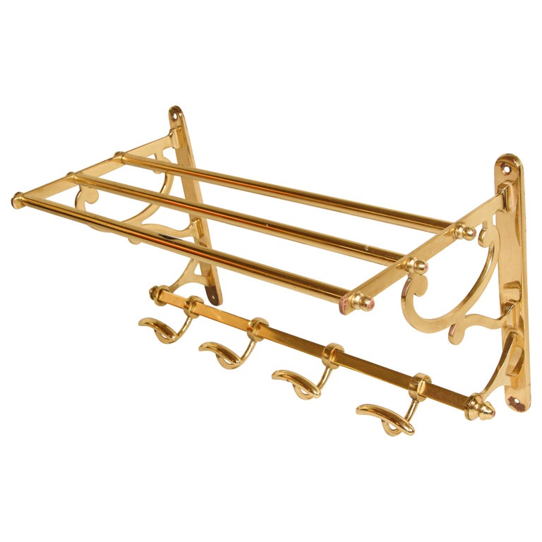 Vintage Brass Coat Rack with Shelf and Hooks at 1stDibs