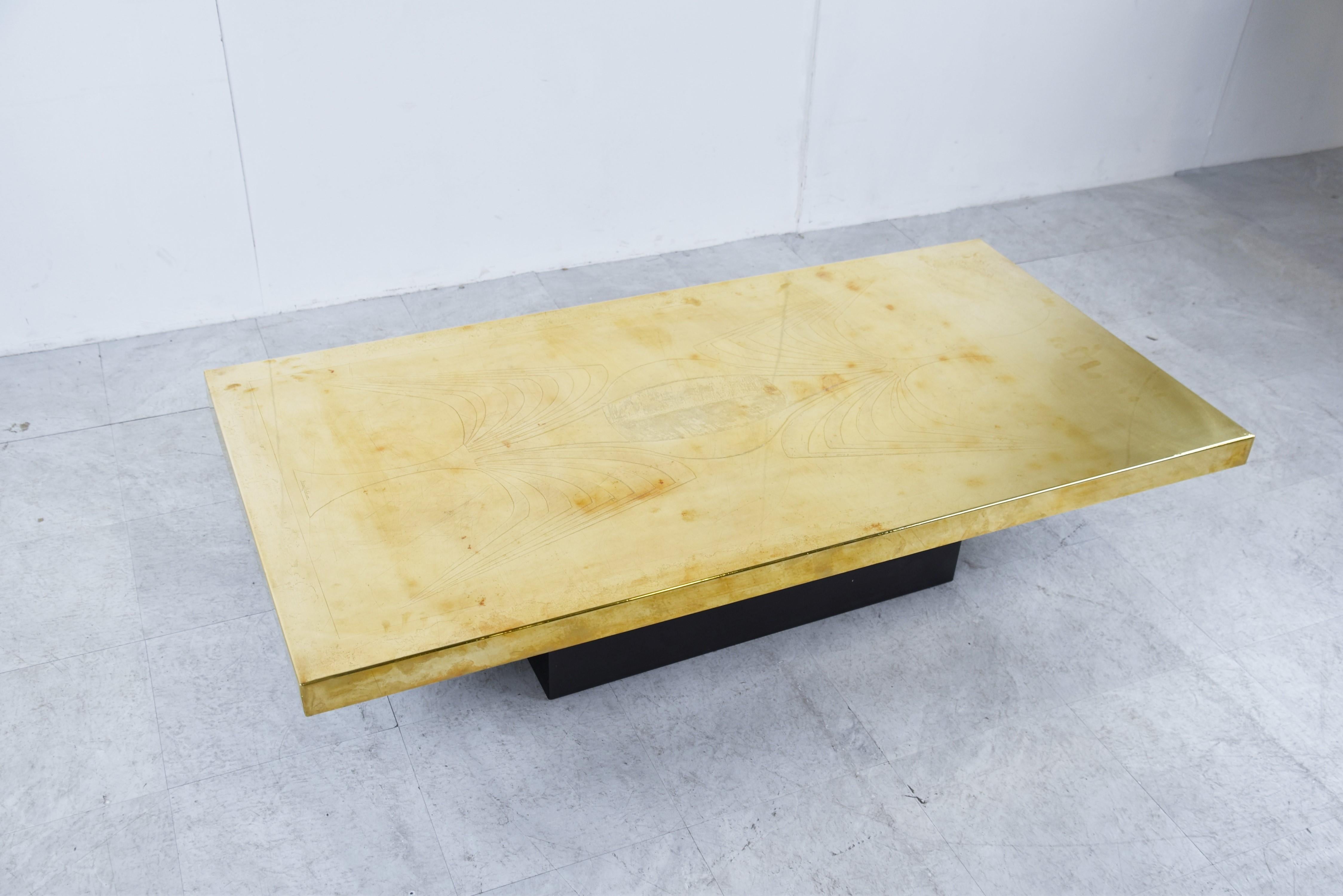 Mesa de centro vintage de latón de Roland Lefevre, años 70 Regencia de Hollywood