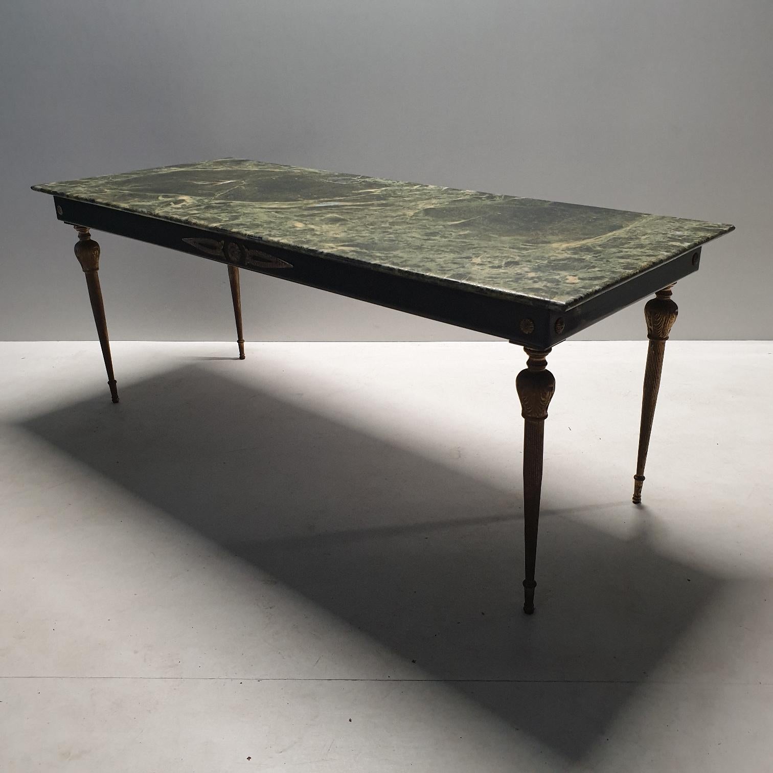 Hollywood Regency Vintage Brass Coffee Table with a Green Marble Top, 1950s For Sale
