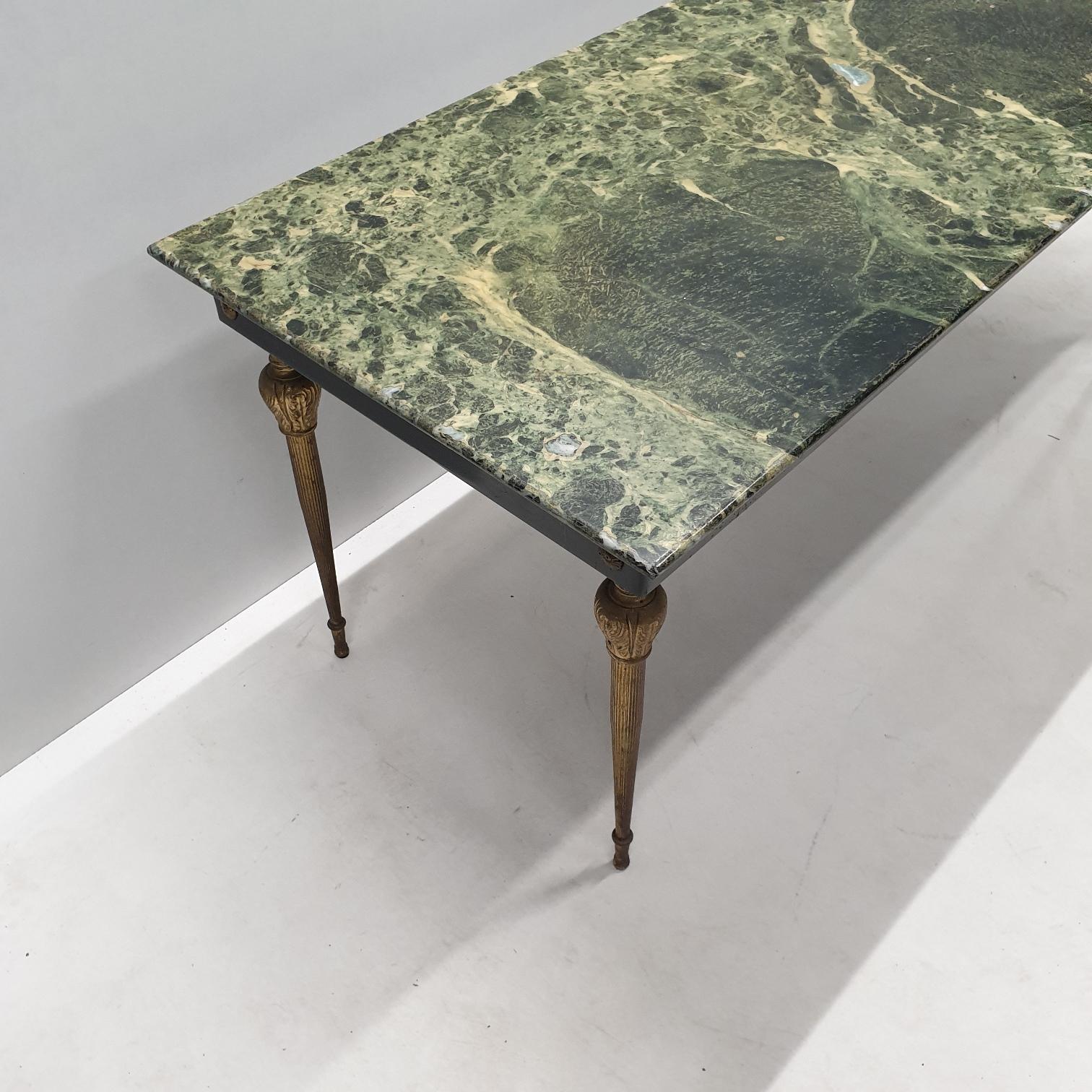 Faceted Vintage Brass Coffee Table with a Green Marble Top, 1950s For Sale