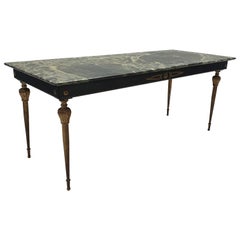 Antique Brass Coffee Table with a Green Marble Top, 1950s