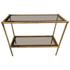 Vintage Brass Console Bamboo-Style Sections with two Smoked Glass Shelves 1970