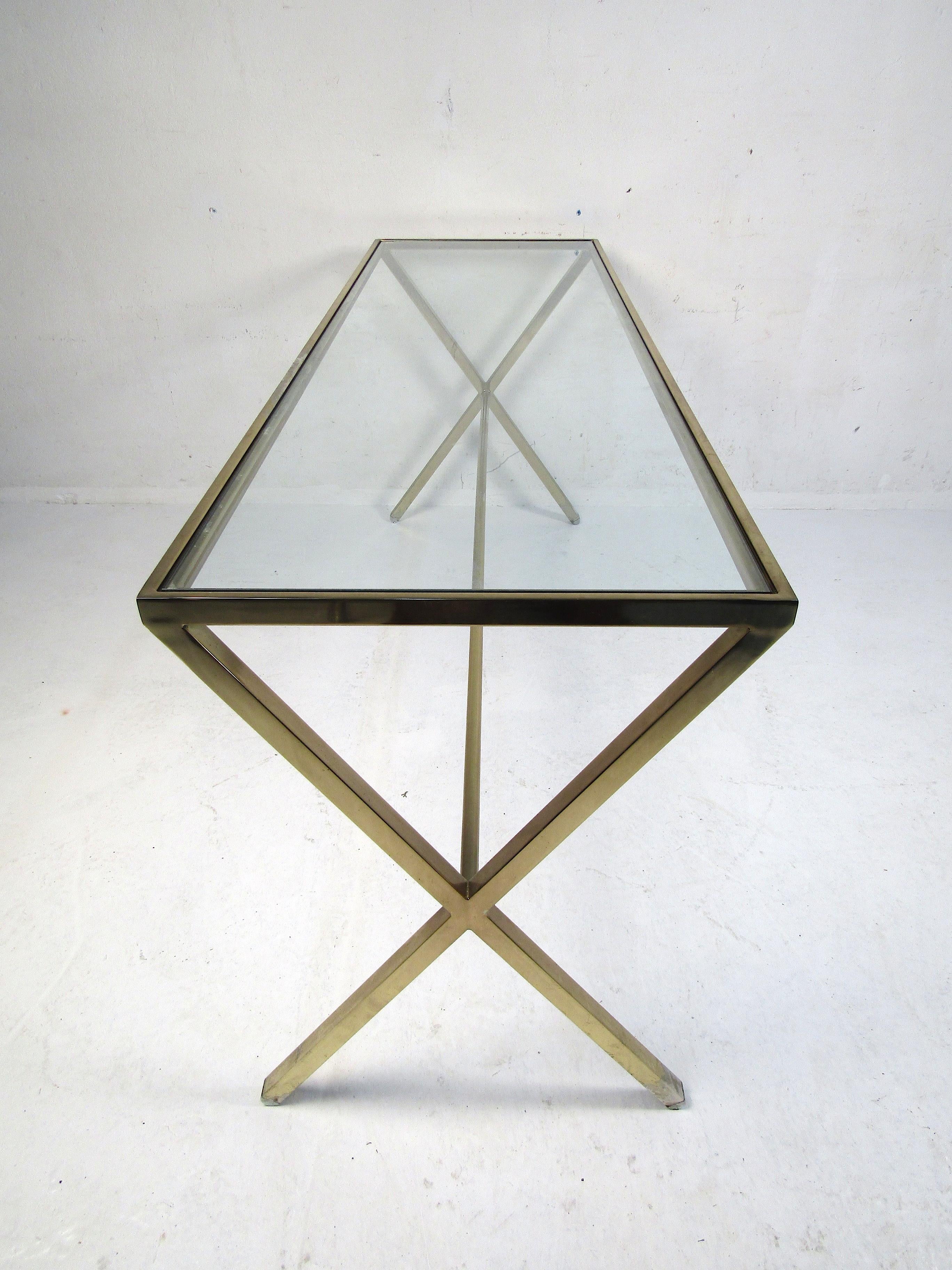 Plated Vintage Brass Console Table with Glass Tabletop For Sale
