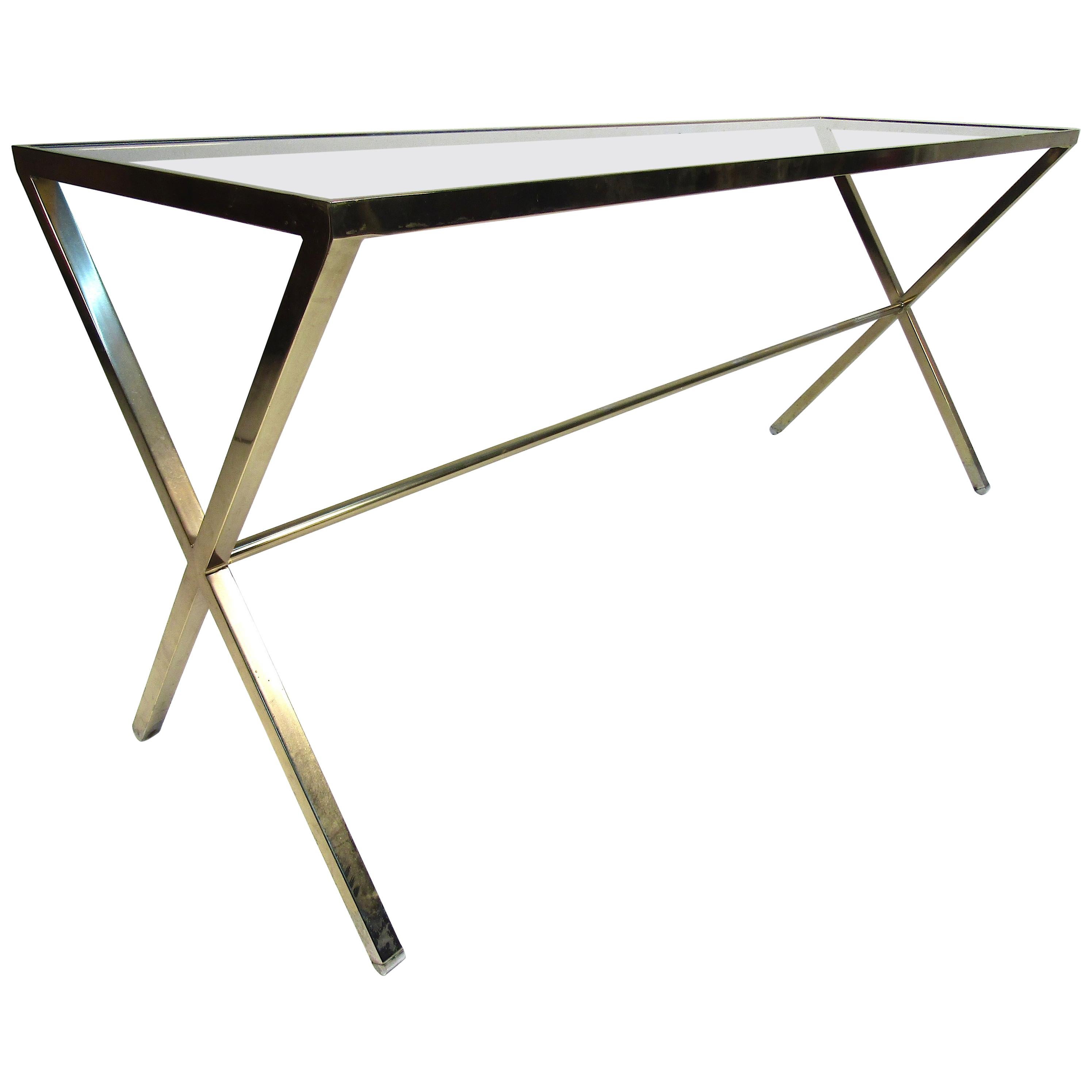 Vintage Brass Console Table with Glass Tabletop For Sale