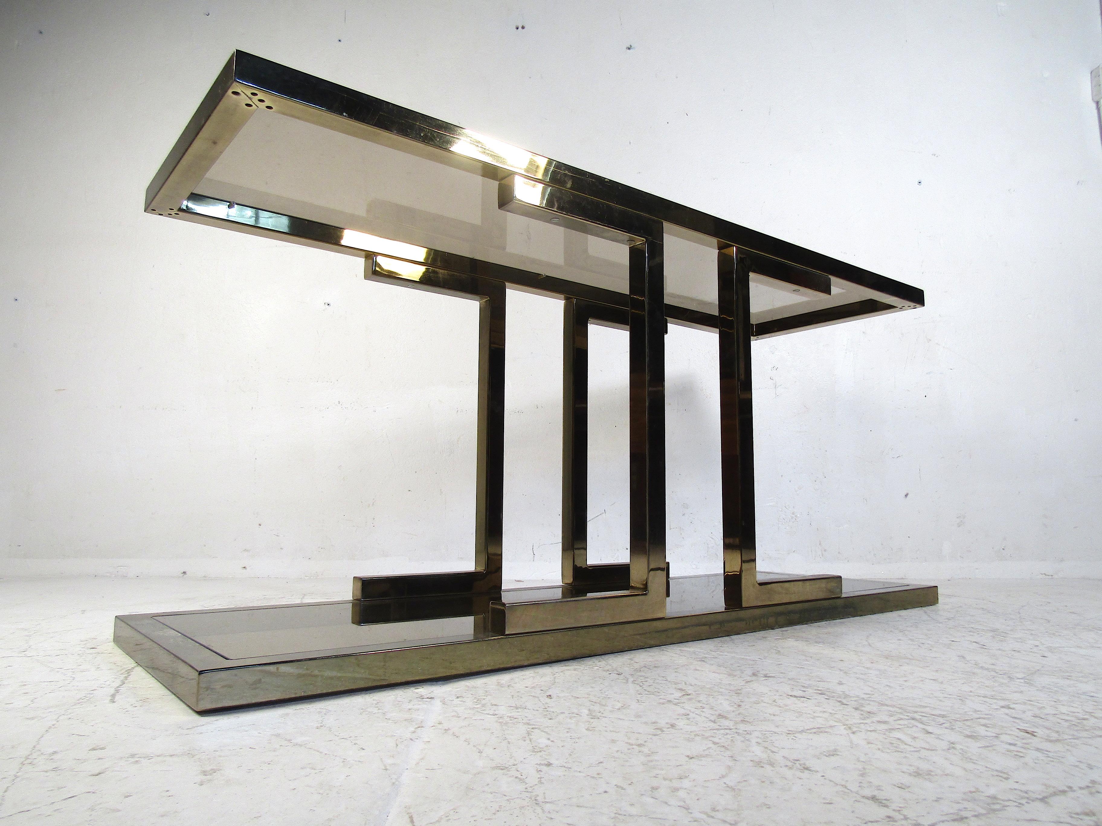 Mid-Century Modern Vintage Brass Console Table with Smoked Glass