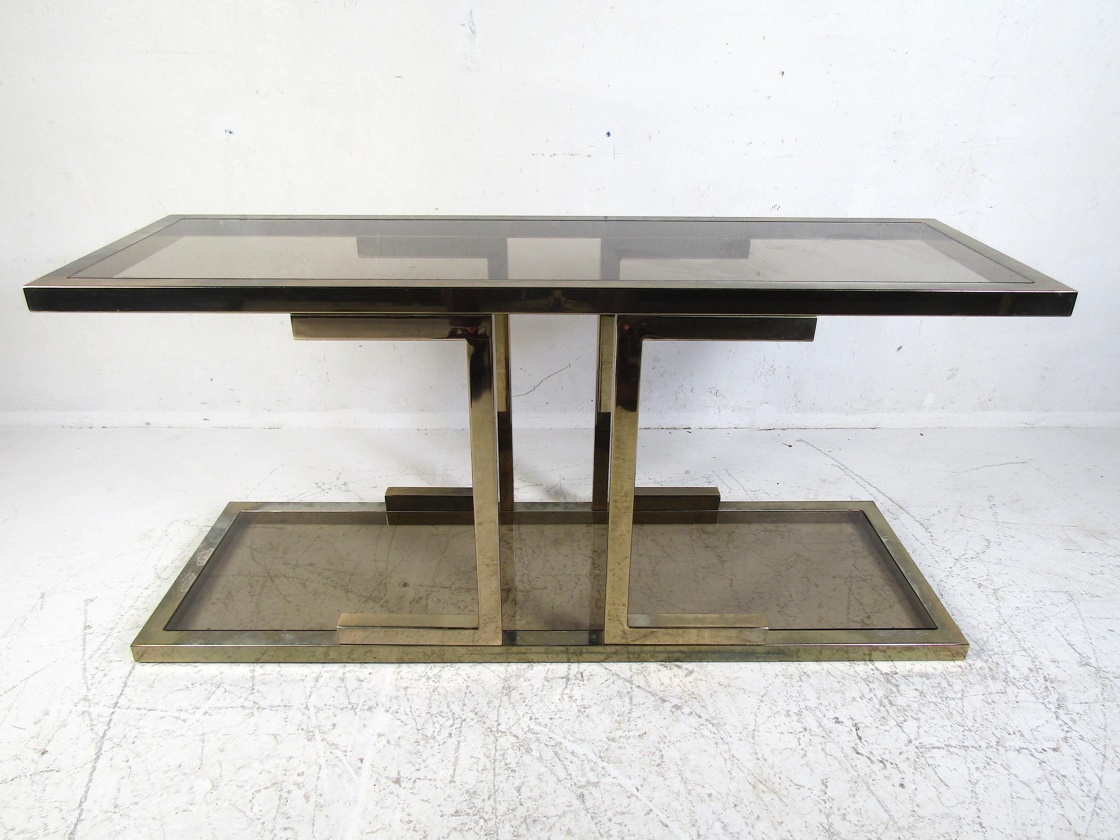 Vintage Brass Console Table with Smoked Glass In Good Condition In Brooklyn, NY