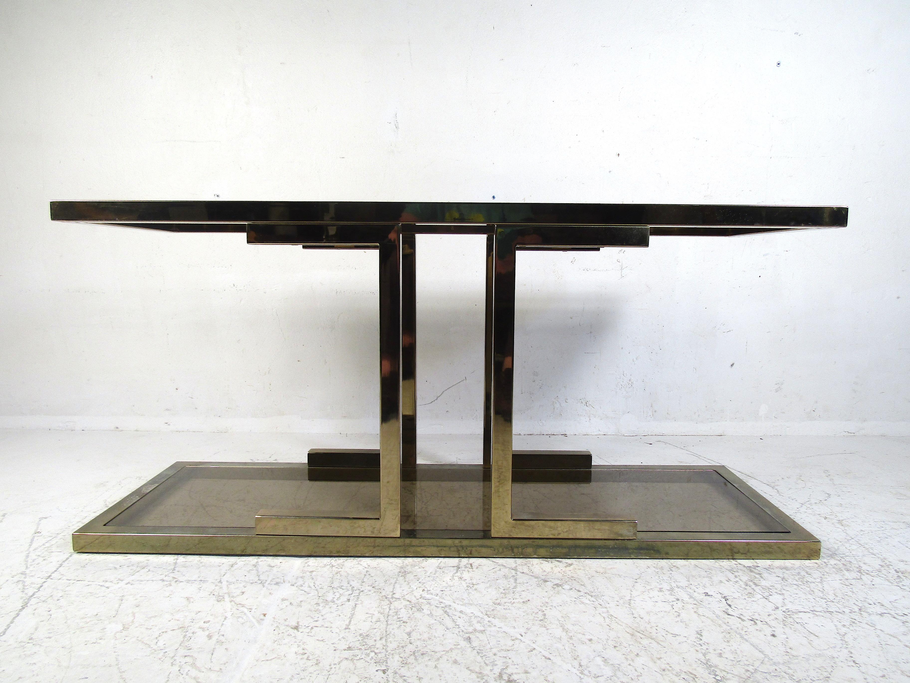 20th Century Vintage Brass Console Table with Smoked Glass