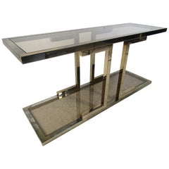 Vintage Brass Console Table with Smoked Glass