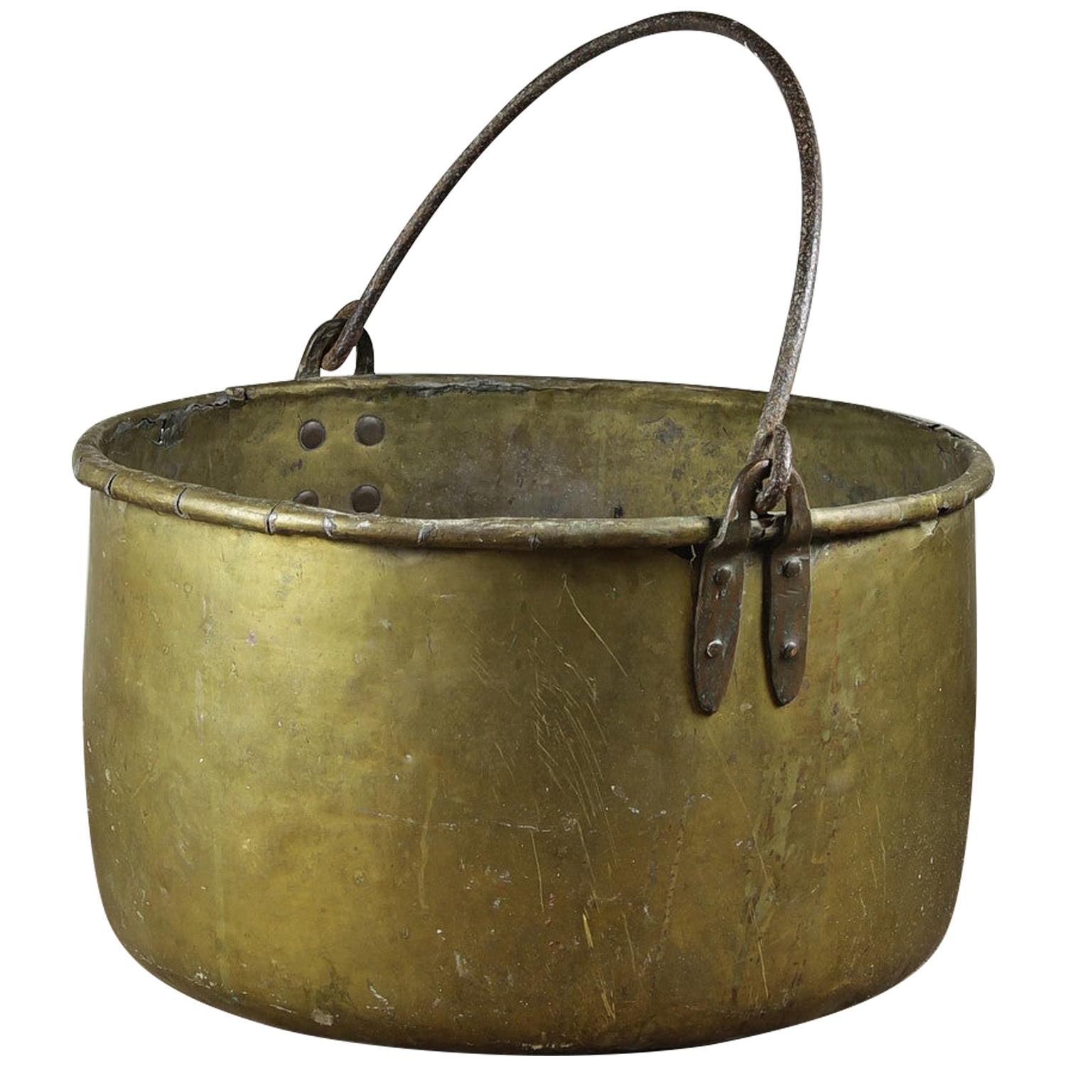 Vintage Brass Cooking Pot with Steel Handle, 20th Century For Sale